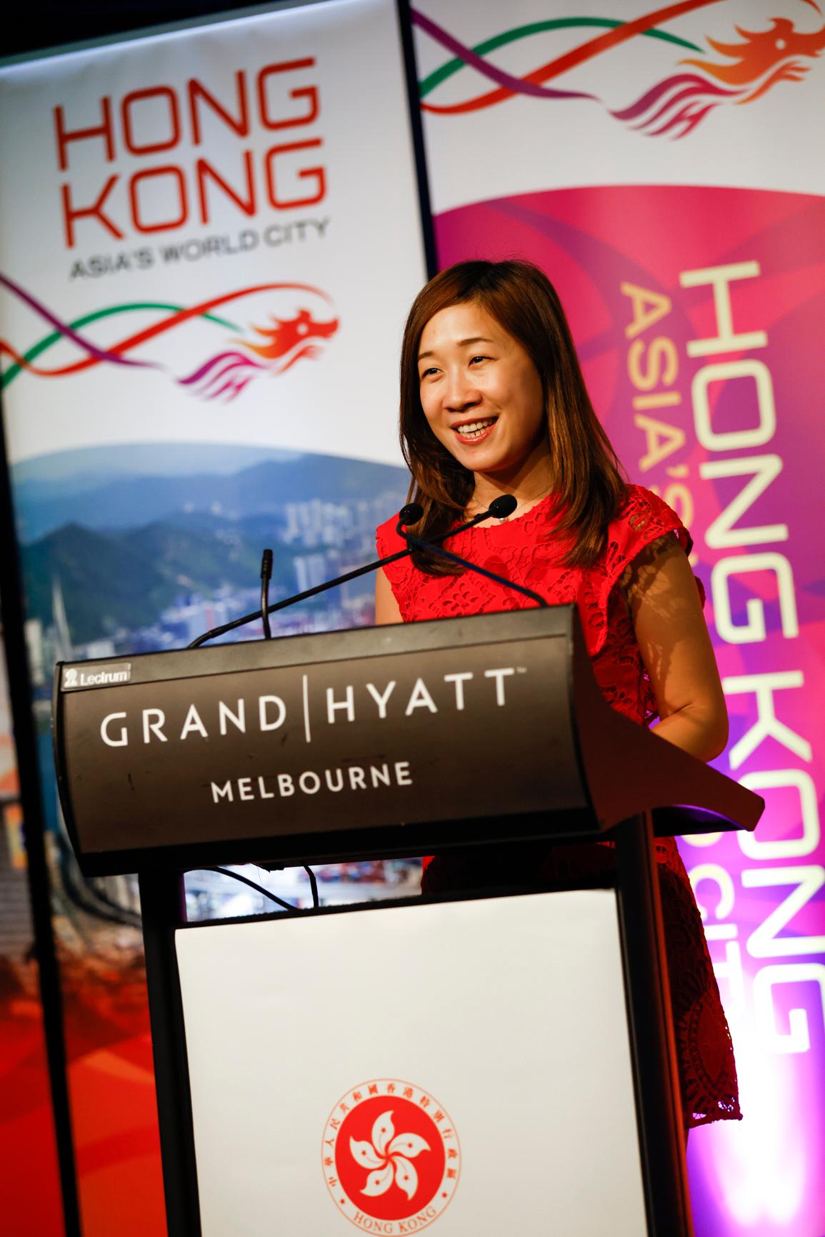 The Director of the Hong Kong Economic and Trade Office, Sydney, Miss Trista Lim, delivers a welcoming speech at the reception held in Melbourne, Australia, today (February 15) to celebrate the Year of the Rabbit.