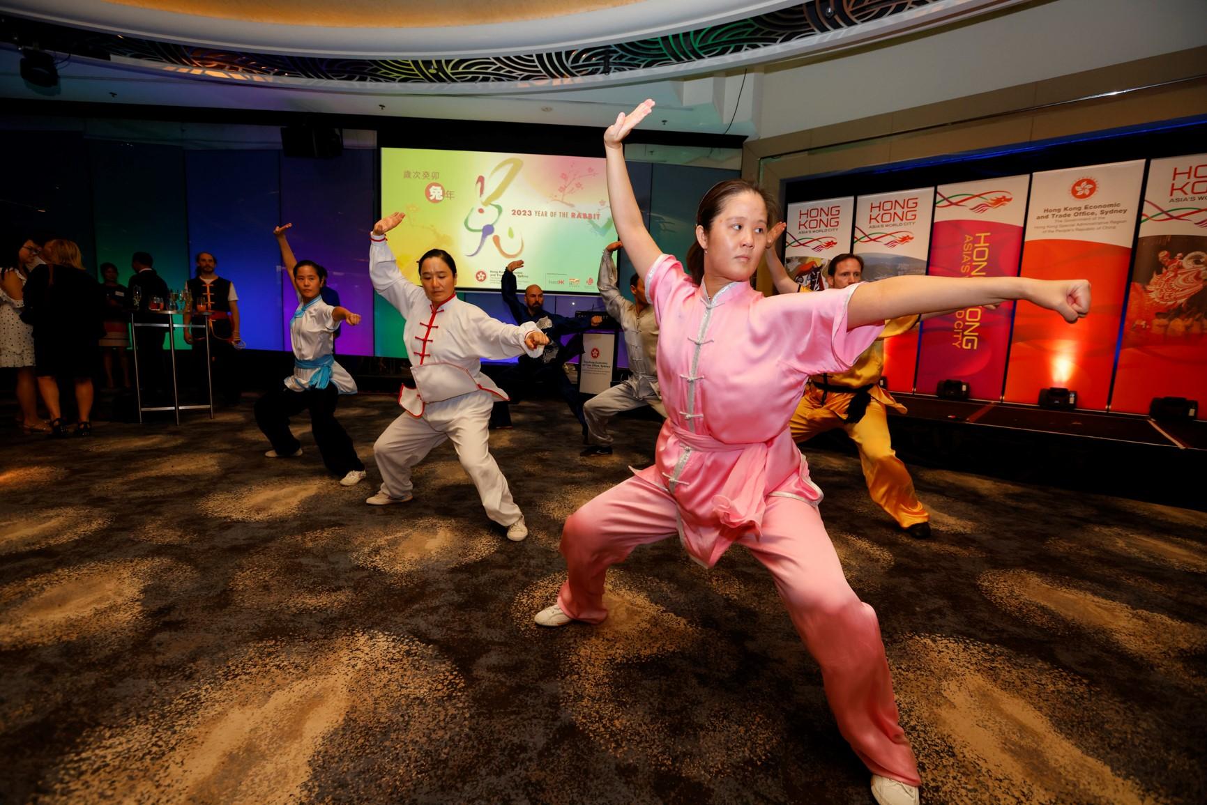 The Hong Kong Economic and Trade Office, Sydney hosted a reception in Melbourne, Australia, today (February 15) to celebrate the Year of the Rabbit. Photo shows a martial arts performance staged at the reception.
