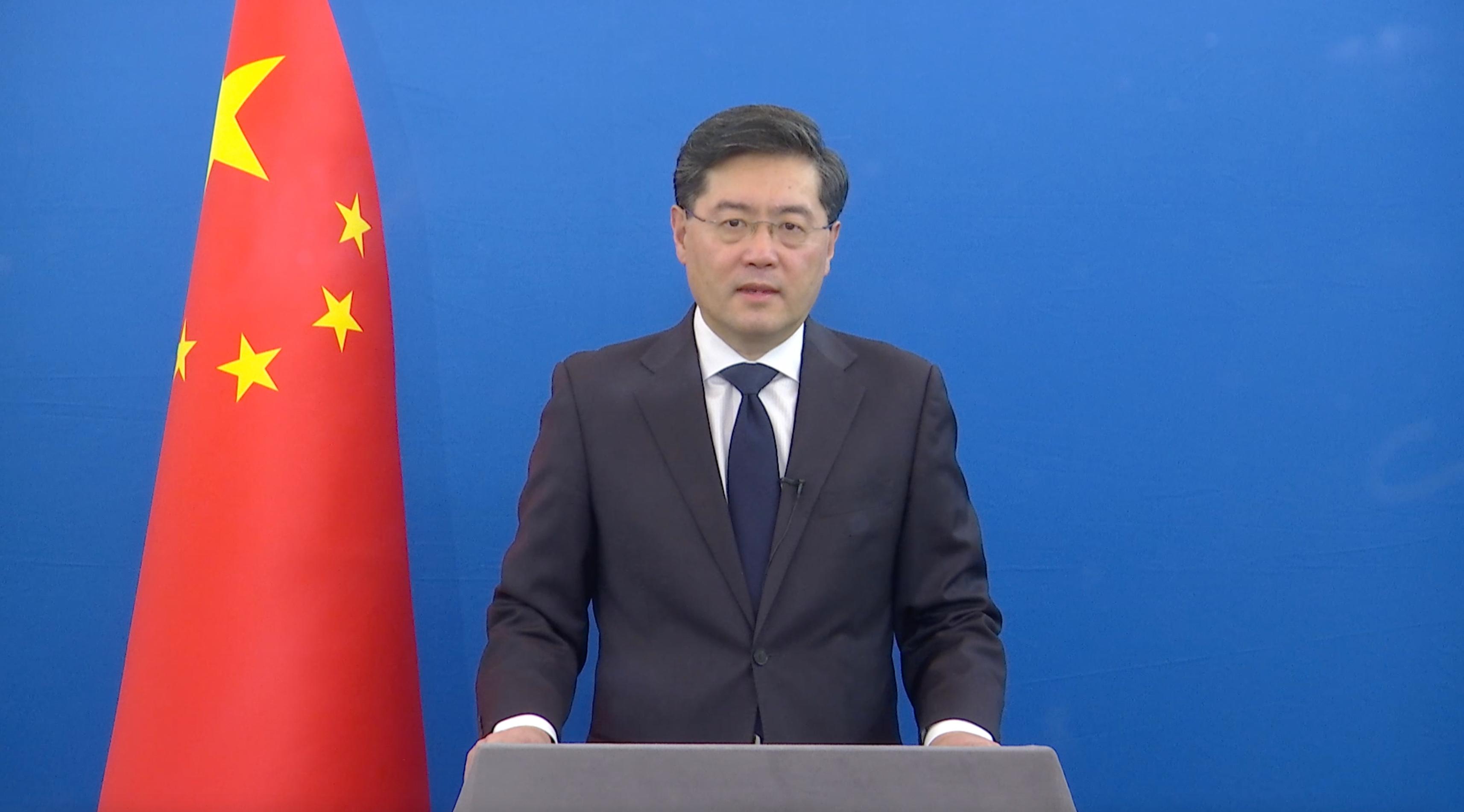 With strong support from the Central People's Government, the inauguration ceremony for the International Organization for Mediation Preparatory Office was held today (February 16) at the Hong Kong Legal Hub. Photo shows the Minister of Foreign Affairs, Mr Qin Gang, delivering a video speech for the ceremony.