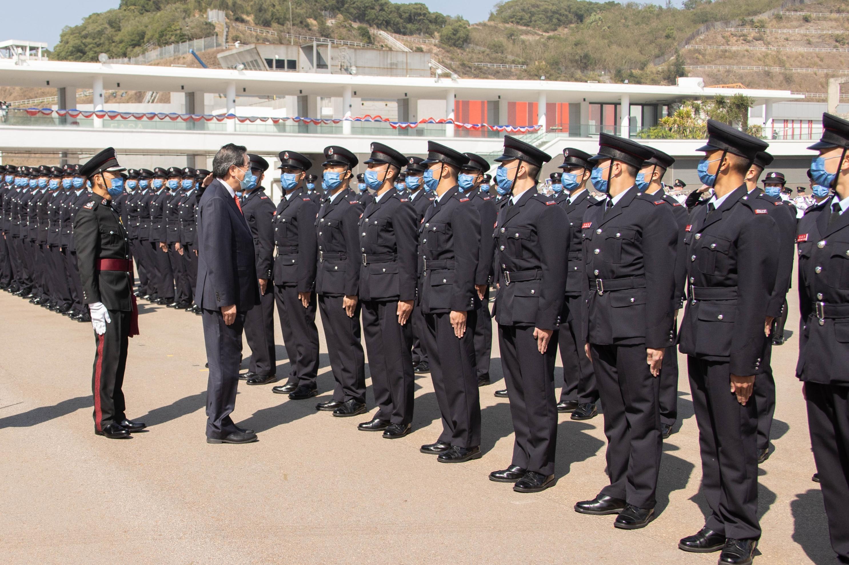 立法會主席梁君彥今日（二月十七日）在消防及救護學院舉行的消防處結業會操檢閱學員。