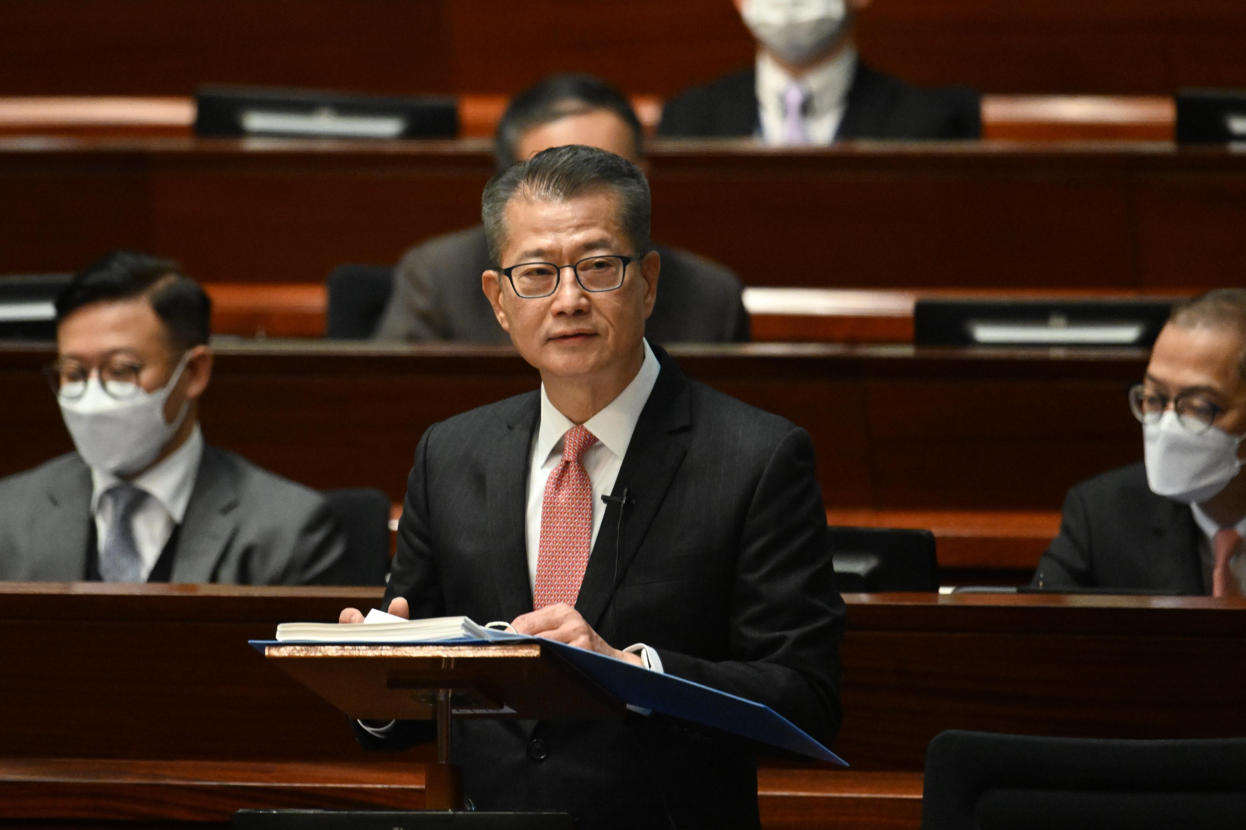 The Financial Secretary, Mr Paul Chan, delivers the 2023-24 Budget in the Legislative Council today (February 22).