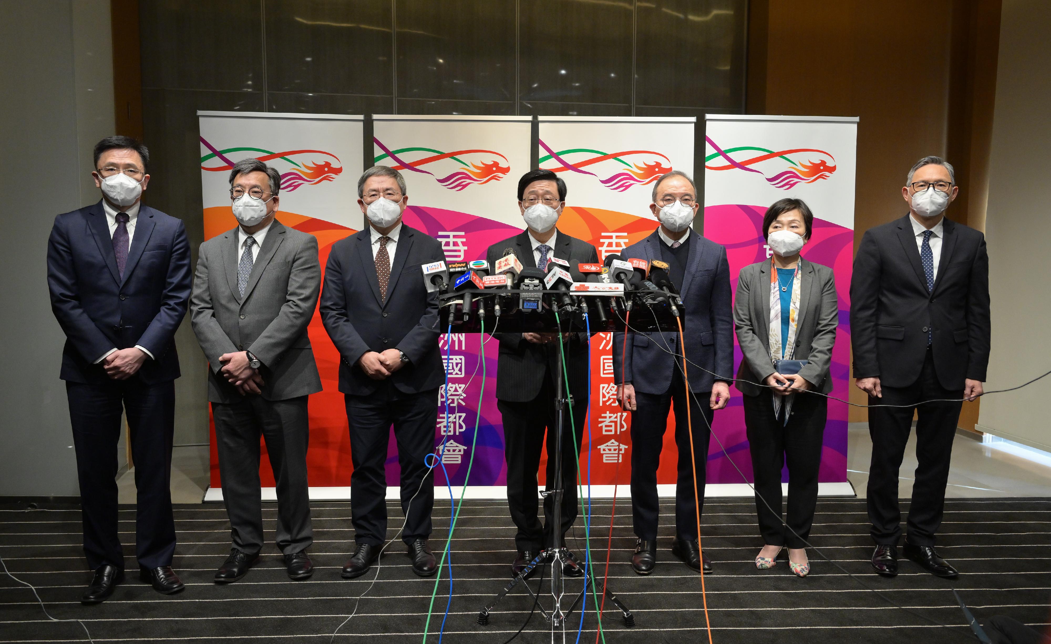 The Chief Executive, Mr John Lee led a delegation to visit Guangzhou and Shenzhen today (February 23). Photo shows Mr Lee (centre), accompanied by members of the delegation, meeting the media in Guangzhou.