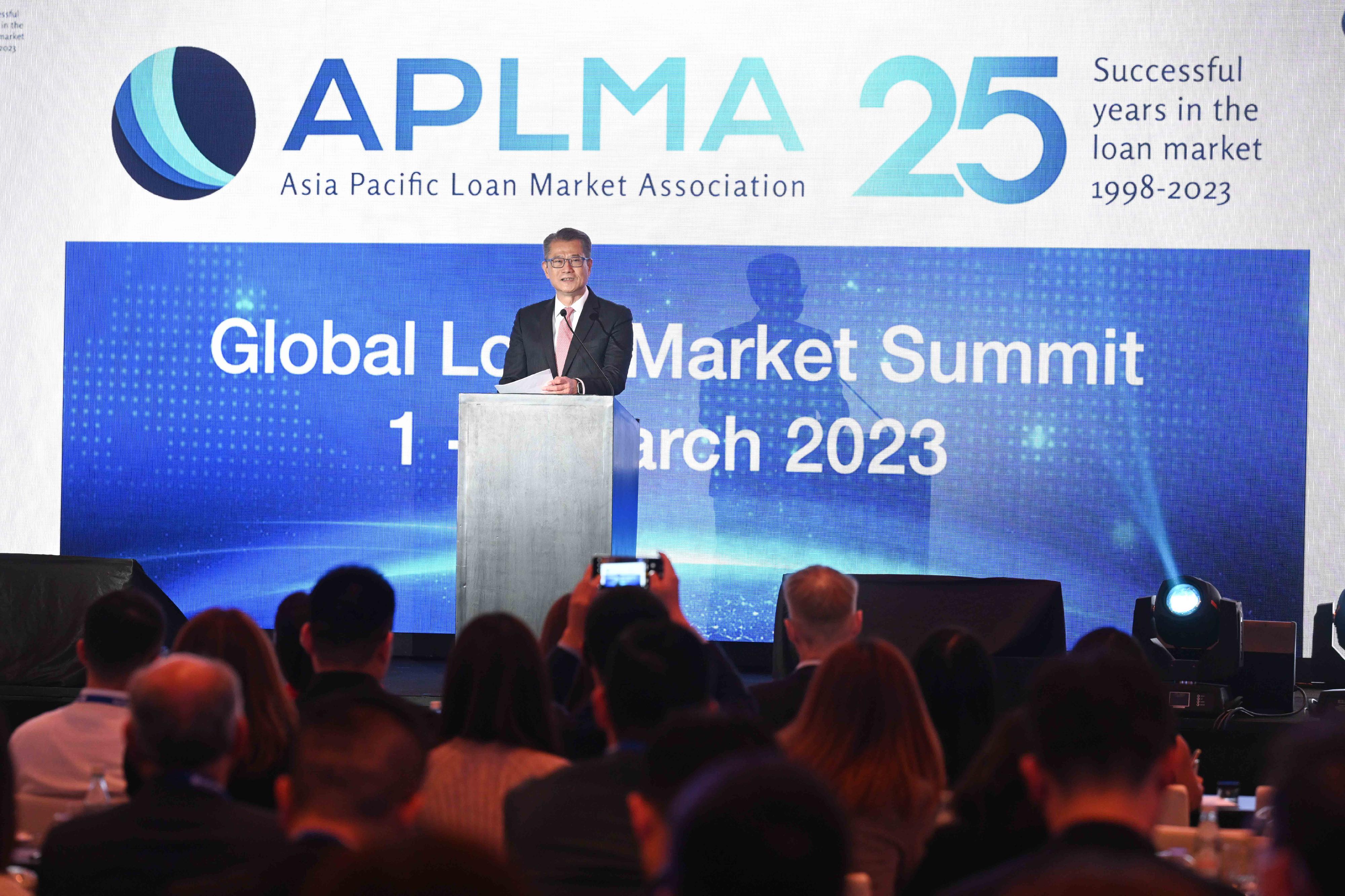 The Financial Secretary, Mr Paul Chan, speaks at the Asia Pacific Loan Market Association Global Loan Market Summit today (March 1).