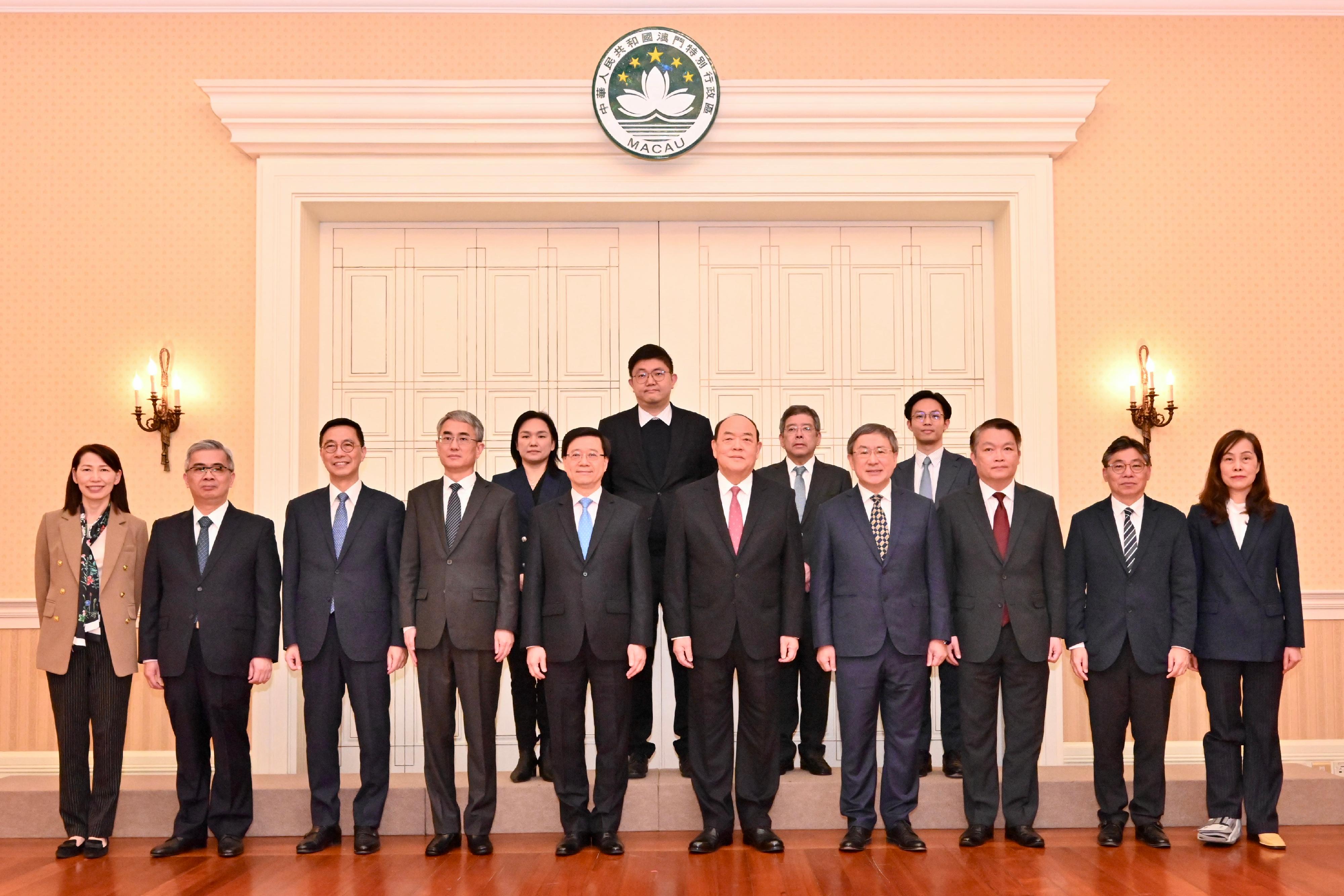 The Chief Executive, Mr John Lee, led a delegation to visit Macao, and met the Chief Executive of the Macao Special Administration Region (SAR), Mr Ho Iat-seng, today (March 2). Photo shows (front row, from left) the Director of the Chief Executive's Office, Ms Carol Yip; the Secretary for Security of the Macao SAR, Mr Wong Sio-chak; the Secretary for Culture, Sports and Tourism, Mr Kevin Yeung; the Secretary for Administration and Justice of the Macao SAR, Mr Cheong Weng-chon; Mr John Lee; the Chief Executive of the Macao SAR, Mr Ho Iat-seng; the Deputy Chief Secretary for Administration, Mr Cheuk Wing-hing; the Secretary for Economy and Finance of the Macao SAR, Mr Lei Wai-nong; the Secretary for Transport and Logistics, Mr Lam Sai-hung; the Secretary for Social Affairs and Culture of the Macao SAR, Ms Ao Ieong-u; (back row, from left) the Chief-of-Office of the Chief Executive's Office of the Macao SAR, Ms Hoi Lai-fong; the Assistant Director (Media) of the Chief Executive's Office, Mr Alex Chan; the Secretary for Transport and Public Works of the Macao SAR, Mr Raimundo Arrais do Rosário; and Assistant Private Secretary to the Chief Executive Mr Michael Li.