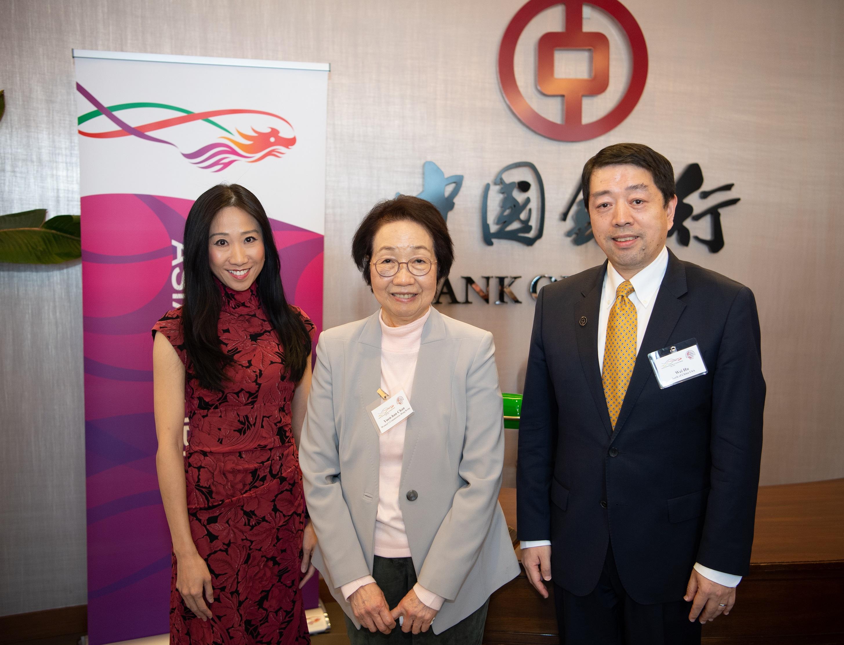 To celebrate International Women's Day, the Hong Kong Economic and Trade Office in New York (HKETONY) co-organised a lunch reception themed "Empowered Women, Empowering Women" with the China General Chamber of Commerce - USA (CGCC) on March 8 (New York time), attracting more than 40 women leaders from think tanks, the business community, creative industry and sports sector in New York. The Chairwoman of the Women's Commission in Hong Kong, Ms Chan Yuen-han (centre), who was attending the 67th session of the United Nations Commission on the Status of Women in New York City, was a special guest at the luncheon. Picture also shows the Director of the HKETONY, Ms Candy Nip (left), and the Chairman of the CGCC cum President and Chief Executive of Bank of China, USA, Mr Hu Wei (right).
