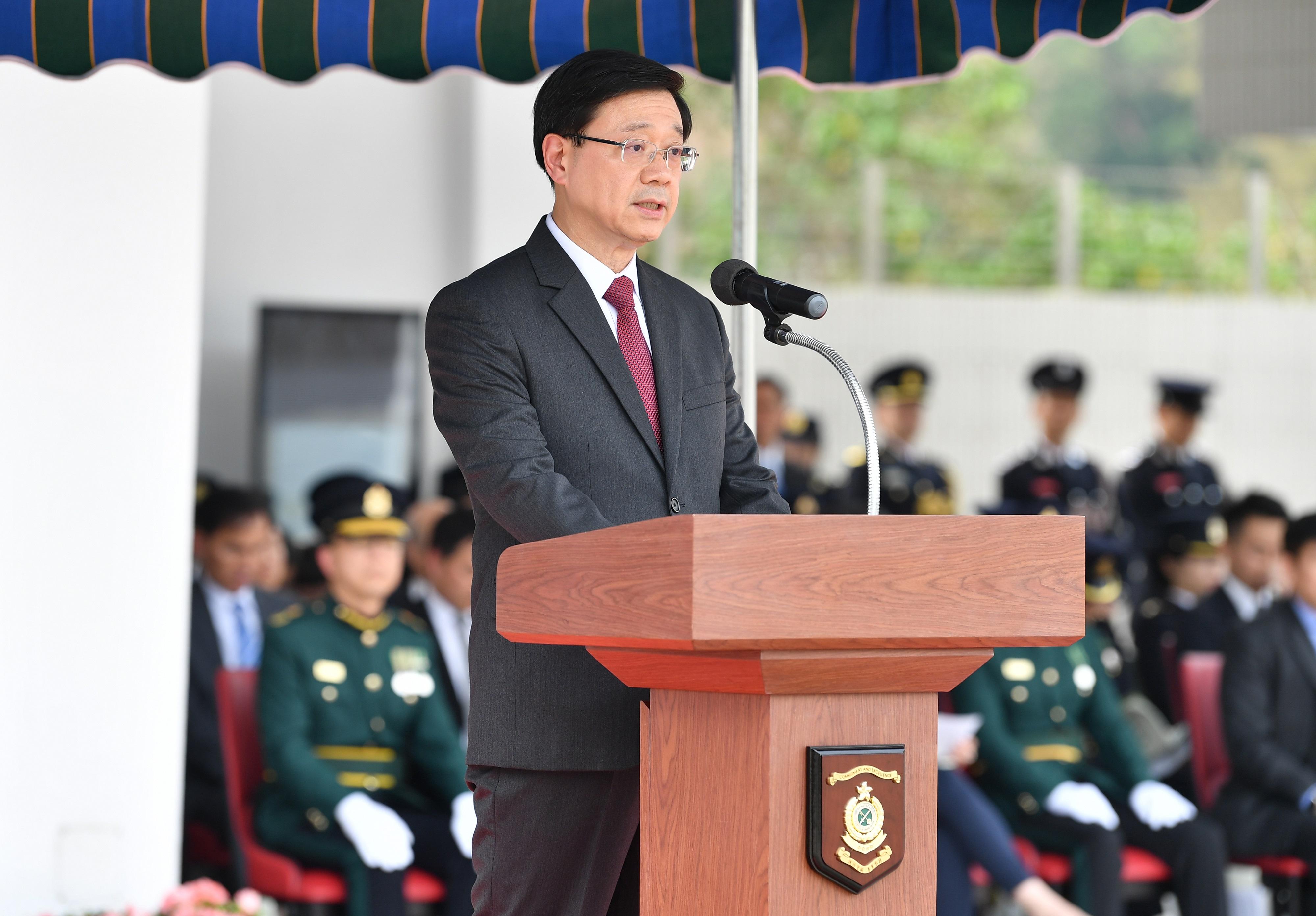 The Chief Executive, Mr John Lee, delivers a speech at the Hong Kong Customs Passing-out Parade today (March 24).