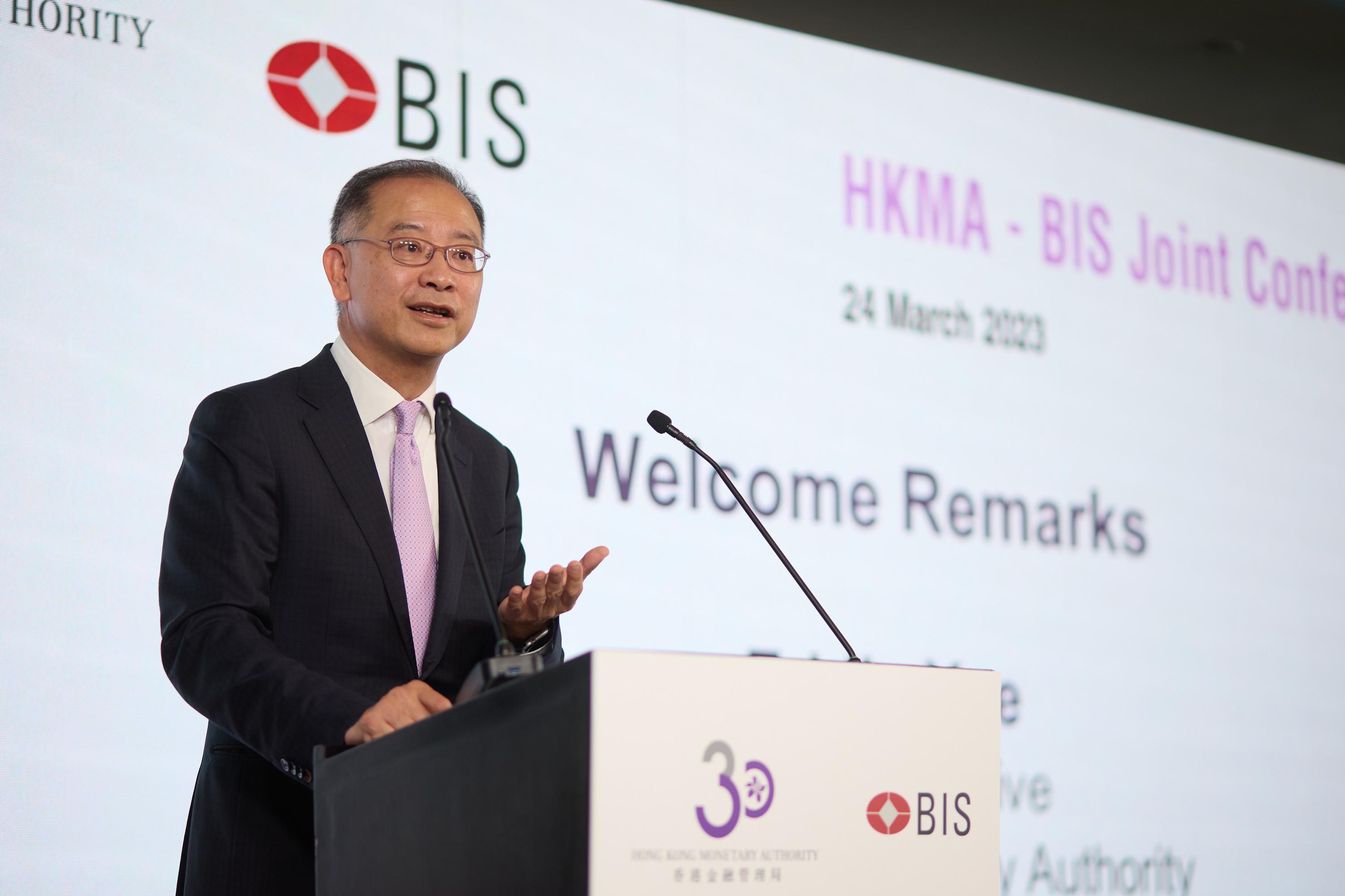 An international financial regulatory conference jointly co-organised by the Hong Kong Monetary Authority (HKMA) and the Bank for International Settlements (BIS) was successfully concluded today (March 24) in Hong Kong. Photo shows the Chief Executive of the HKMA, Mr Eddie Yue, delivers welcome remarks at the HKMA-BIS Joint Conference.