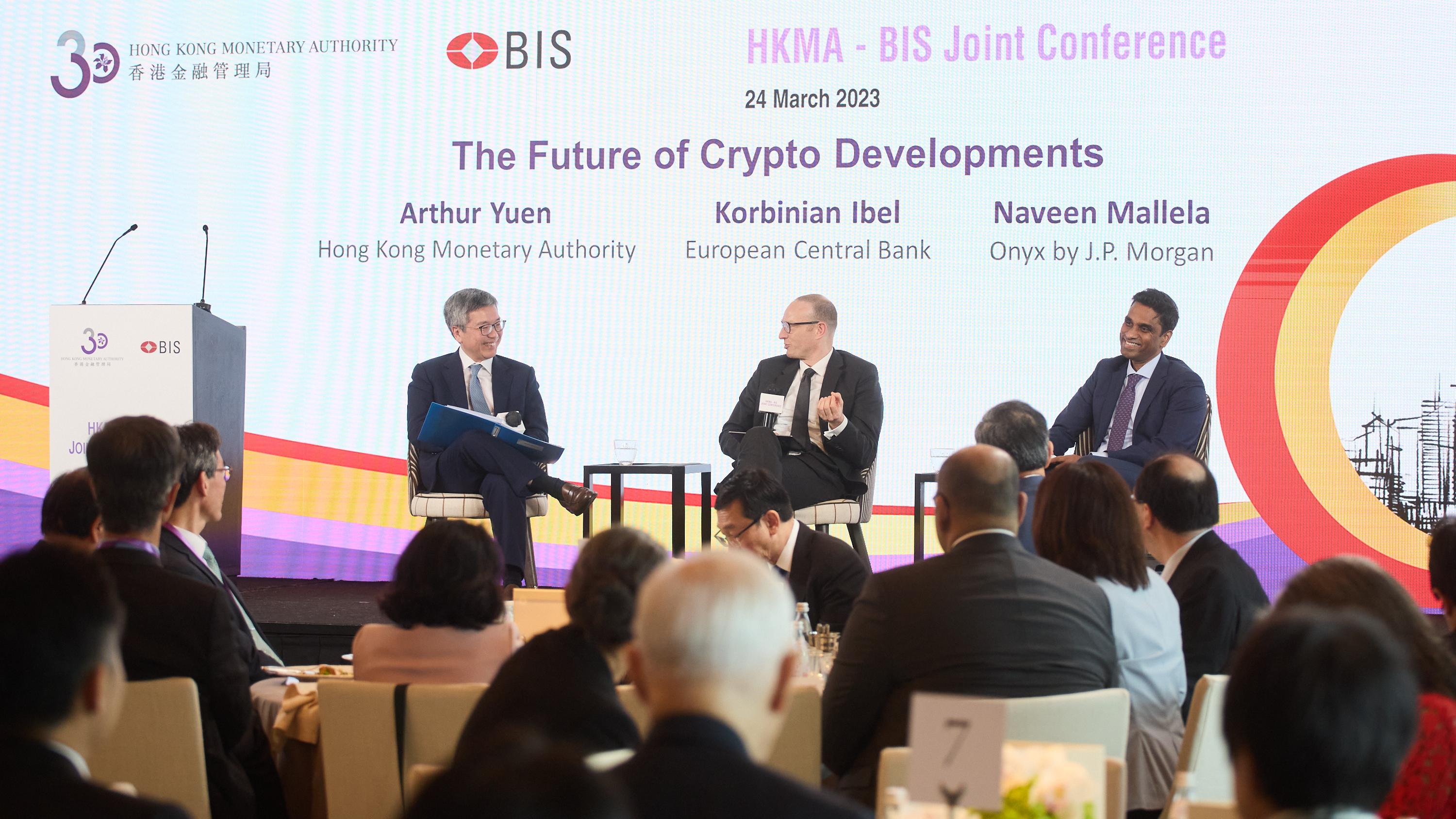 An international financial regulatory conference jointly co-organised by the Hong Kong Monetary Authority (HKMA) and the Bank for International Settlements was successfully concluded today (March 24) in Hong Kong. Photo shows (from left) Deputy Chief Executive of the HKMA Mr Arthur Yuen, hosts a fireside chat on "The future of crypto developments". The Director General of the European Central Bank, Mr Korbinian Ibel; and the Global Head of Coin Systems, Onyx by J.P. Morgan, Mr Naveen Mallela, share their insights on the lessons learnt from recent crypto incidents and explore the future of the crypto market.
