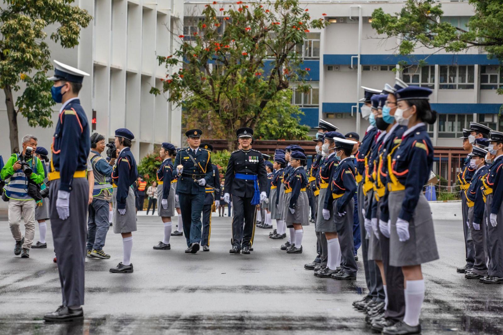 The Commissioner of Police, Mr Siu Chak-yee, inspects the Hong Kong Road Safety Patrol's 60th Anniversary Parade as reviewing officer today (March 26). 