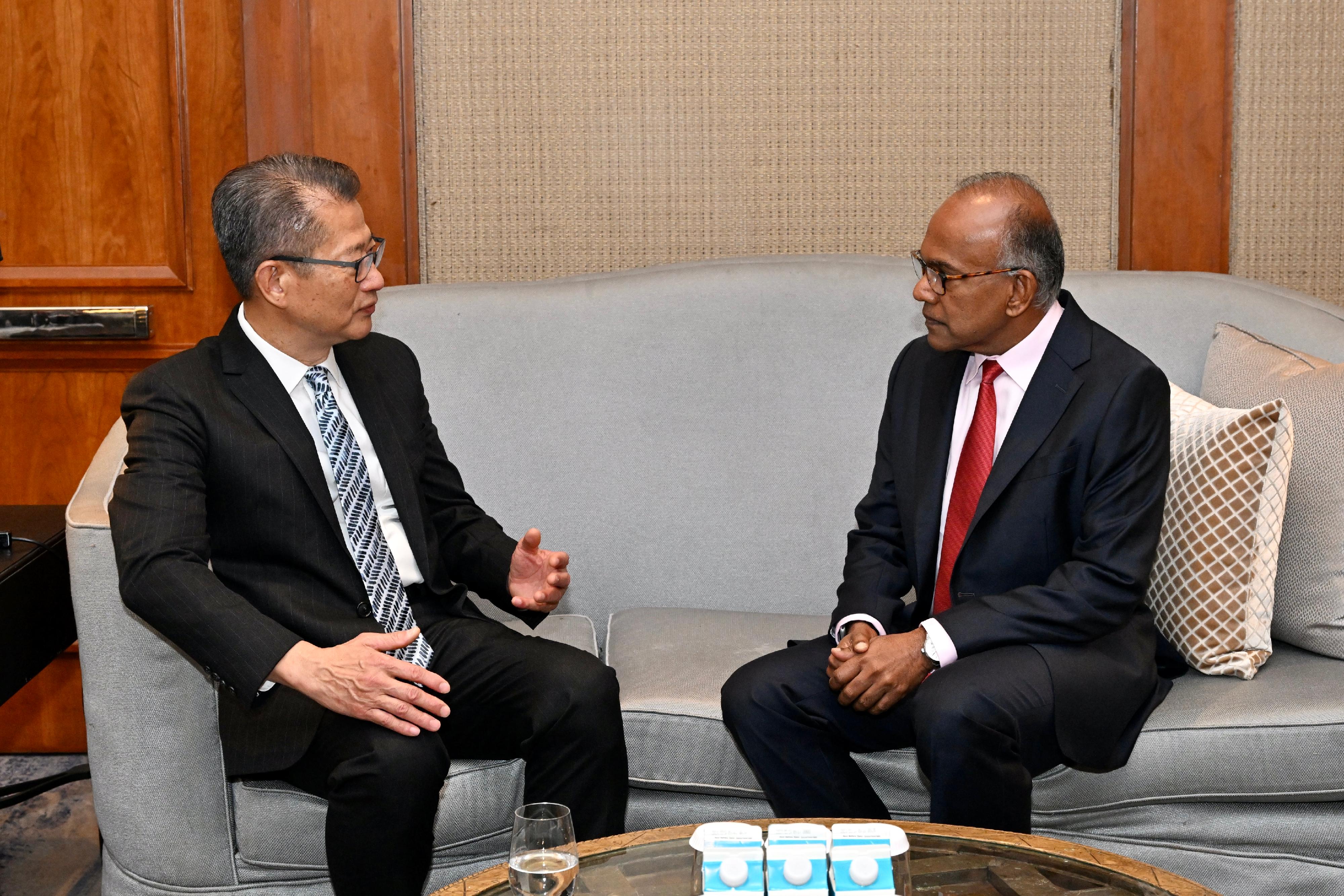 The Financial Secretary, Mr Paul Chan, started his visit programme in Singapore on March 29. Photo shows Mr Chan (left) meeting with the Minister for Home Affairs and Minister for Law of Singapore, Mr K Shanmugam (right) before attending the South China Morning Post "China Conference: Southeast Asia 2023".