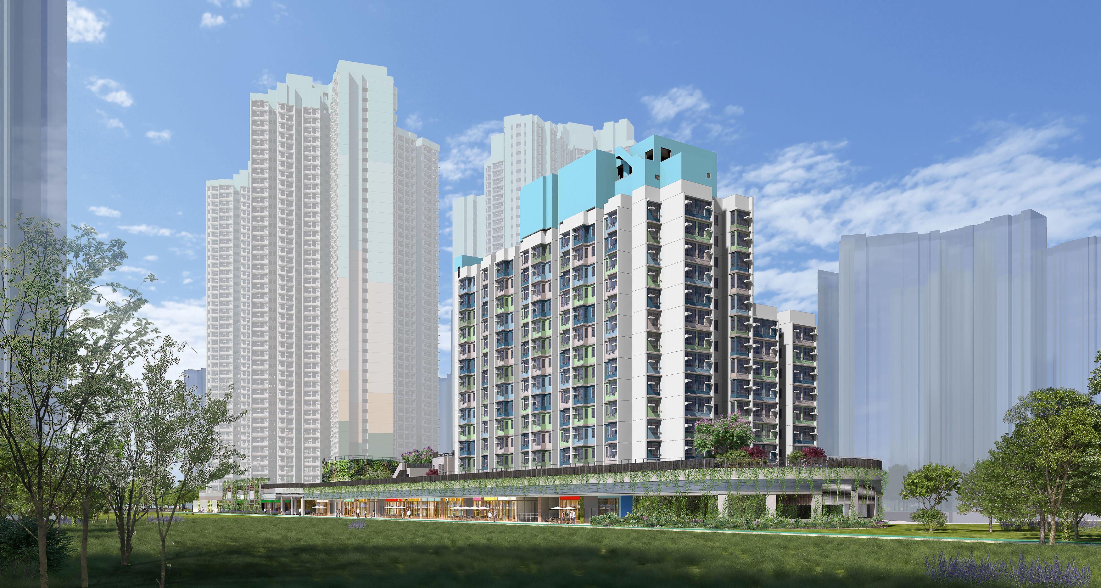 The Hong Kong Housing Authority arranged a media visit to the Modular Integrated Construction (MiC) mock-up for the public housing development at Tung Chung Area 99 (TC99) today (March 31). Photo shows the artist's impression of a 12-storey domestic block, the MiC project of the public housing development at TC99 after completion.



