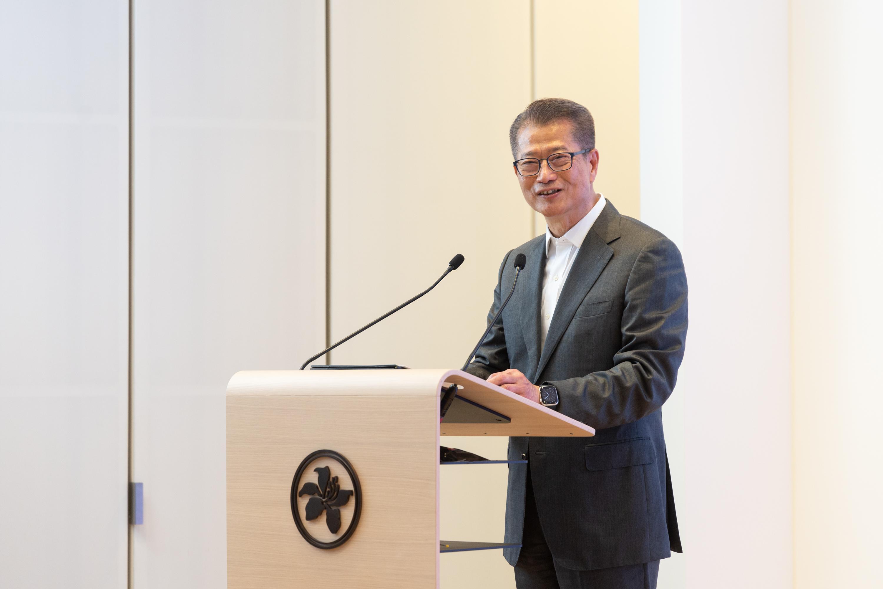 The Financial Secretary, Mr Paul Chan, speaks at the Hong Kong Monetary Authority 30th Anniversary Reception today (March 31).