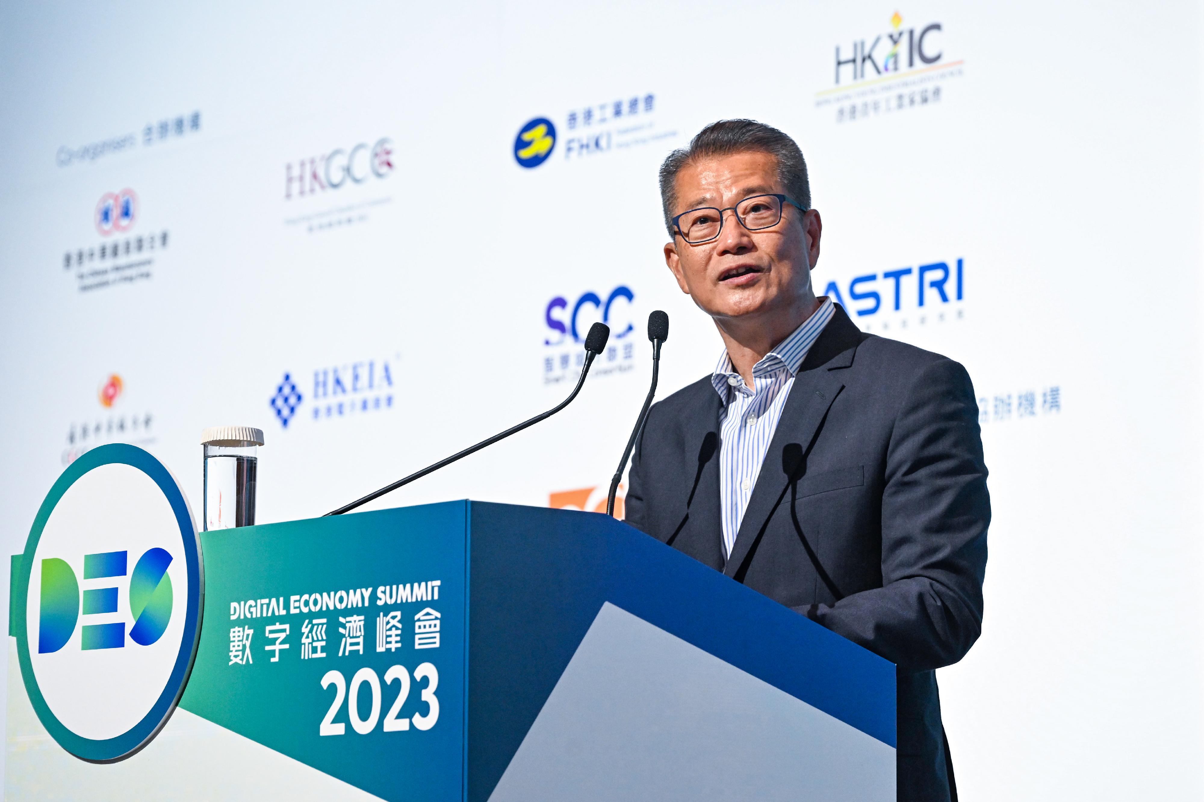 The Financial Secretary, Mr Paul Chan, speaks at the FinTech Forum of the Digital Economy Summit 2023 today (April 14).
