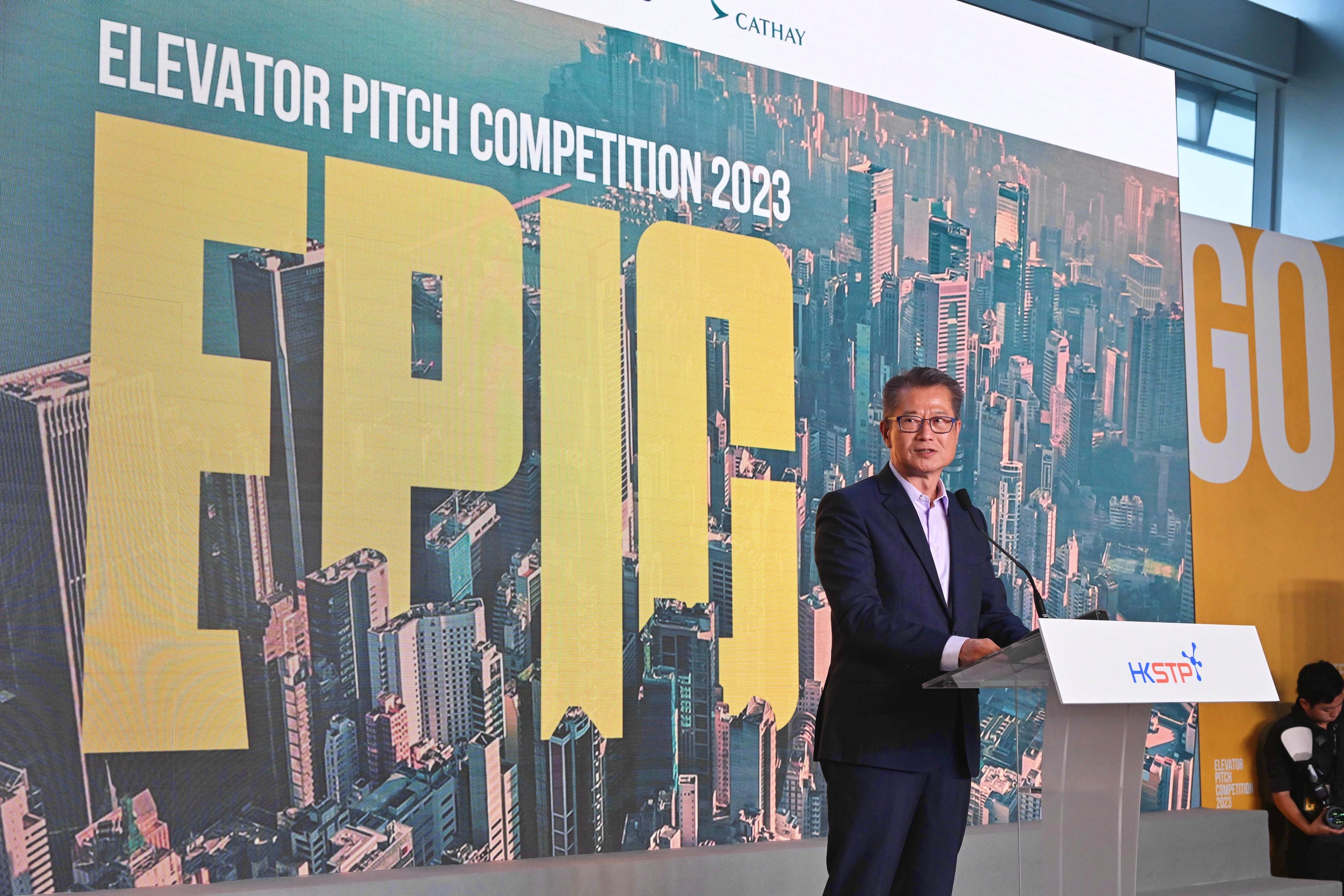 The Financial Secretary, Mr Paul Chan, speaks at the Elevator Pitch Competition 2023 today (April 28).