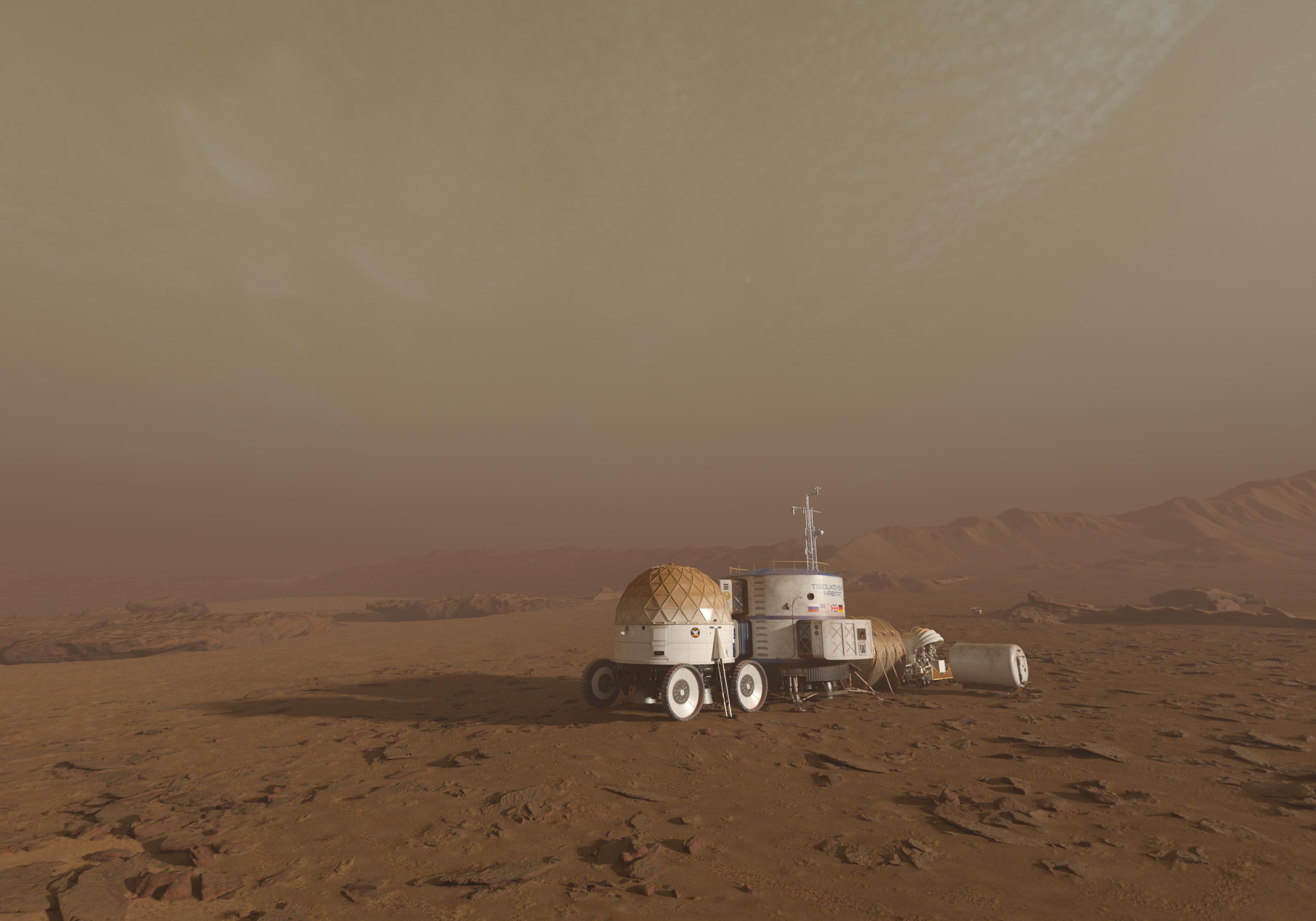 香港太空館天象廳五月一日起放映全新天象節目《火星千日行》，讓觀眾踏上虛擬旅程，跟隨太空人展開為期1,001日的首次載人登陸火星虛構任務，一同探索這紅色行星。圖示節目中太空人在火星上的基地，它由多個組件組建而成。居住艙的頂部設置了一個氣象站，用作監測火星上的大氣狀況。（圖片來源：© Mirage3D）