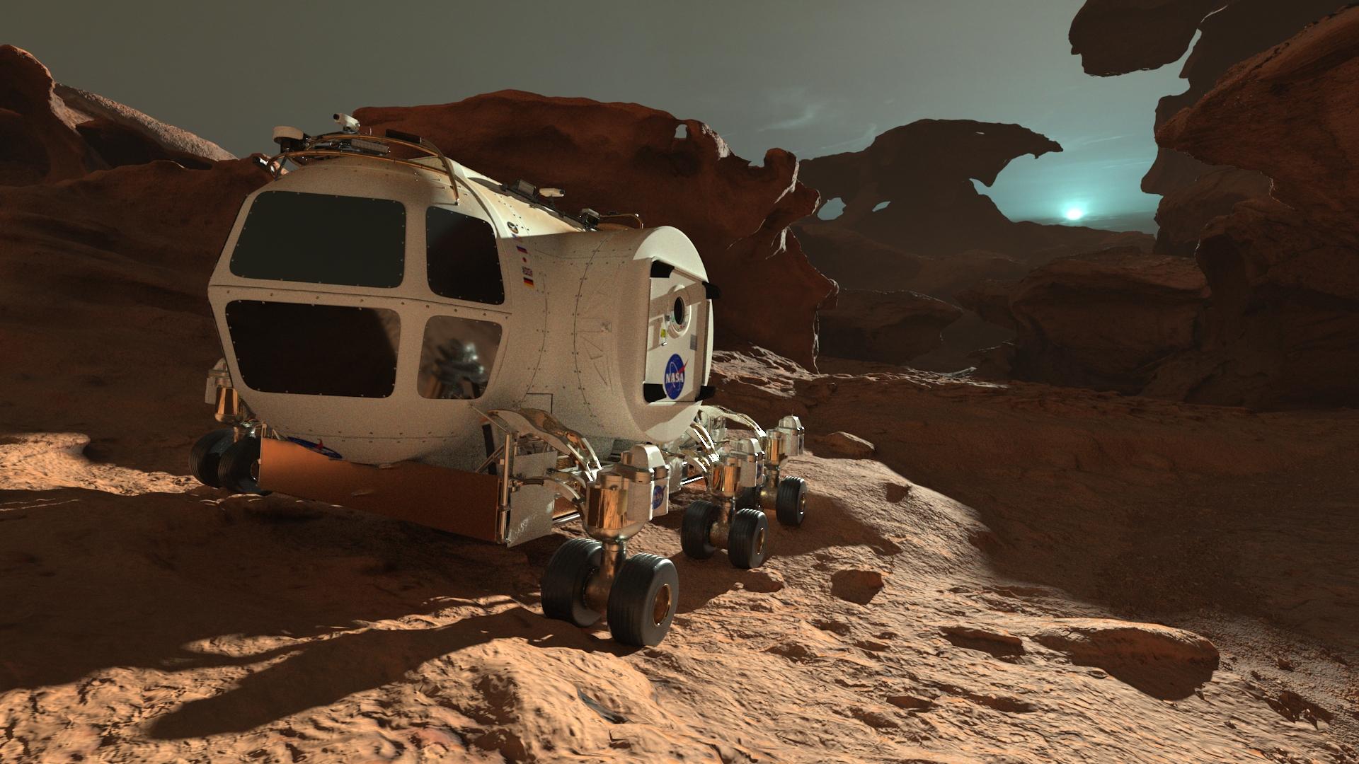 香港太空馆天象厅五月一日起放映全新天象节目《火星千日行》，让观众踏上虚拟旅程，跟随太空人展开为期1,001日的首次载人登陆火星虚构任务，一同探索这红色行星。图示节目中太空人在火星上移动时乘坐的载具。火星昼夜温差极大，令太空人不能长期逗留在室外。（图片来源：© Mirage3D）