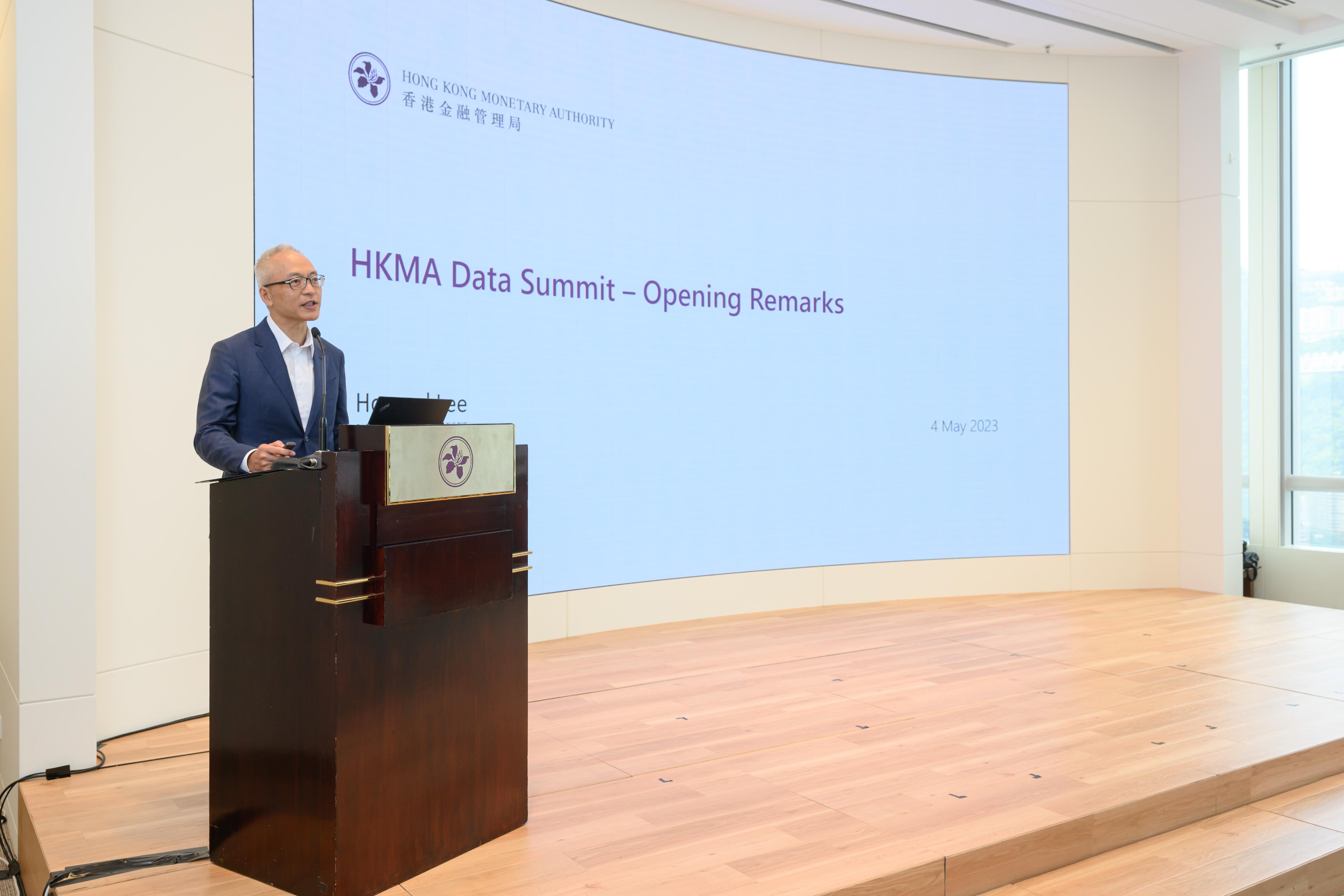 Deputy Chief Executive of the Hong Kong Monetary Authority Mr Howard Lee delivers opening remarks at the Data Summit today (May 4).