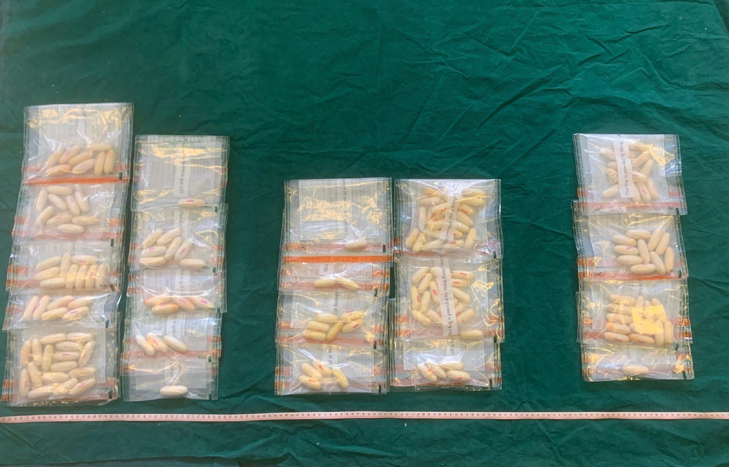 Hong Kong Customs detected a dangerous drugs internal concealment case involving three incoming passengers at Hong Kong International Airport and seized about 1.6 kilograms of suspected cocaine with an estimated market value of about $1.3 million over the past two days (May 8 and 9). Photo shows the suspected cocaine seized.