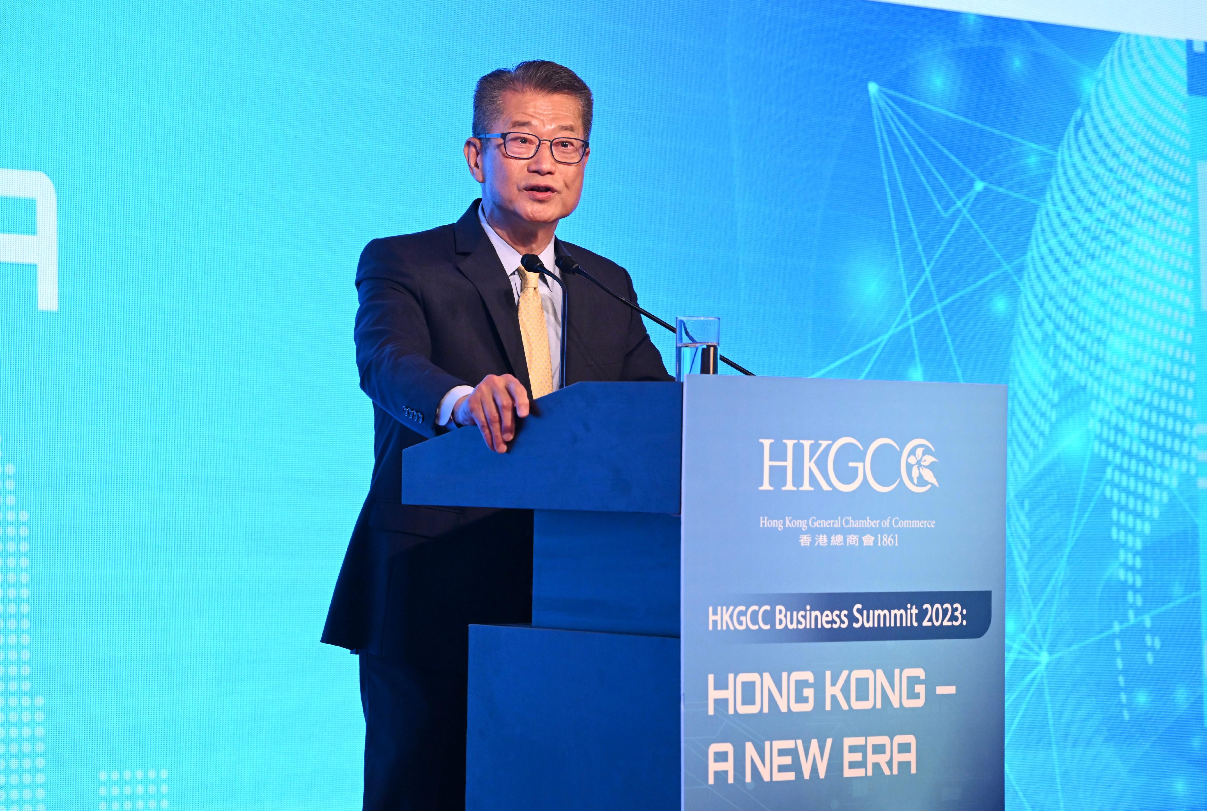 The Financial Secretary, Mr Paul Chan, speaks at the Hong Kong Business Summit 2023 organised by the Hong Kong General Chamber of Commerce today (May 10). 