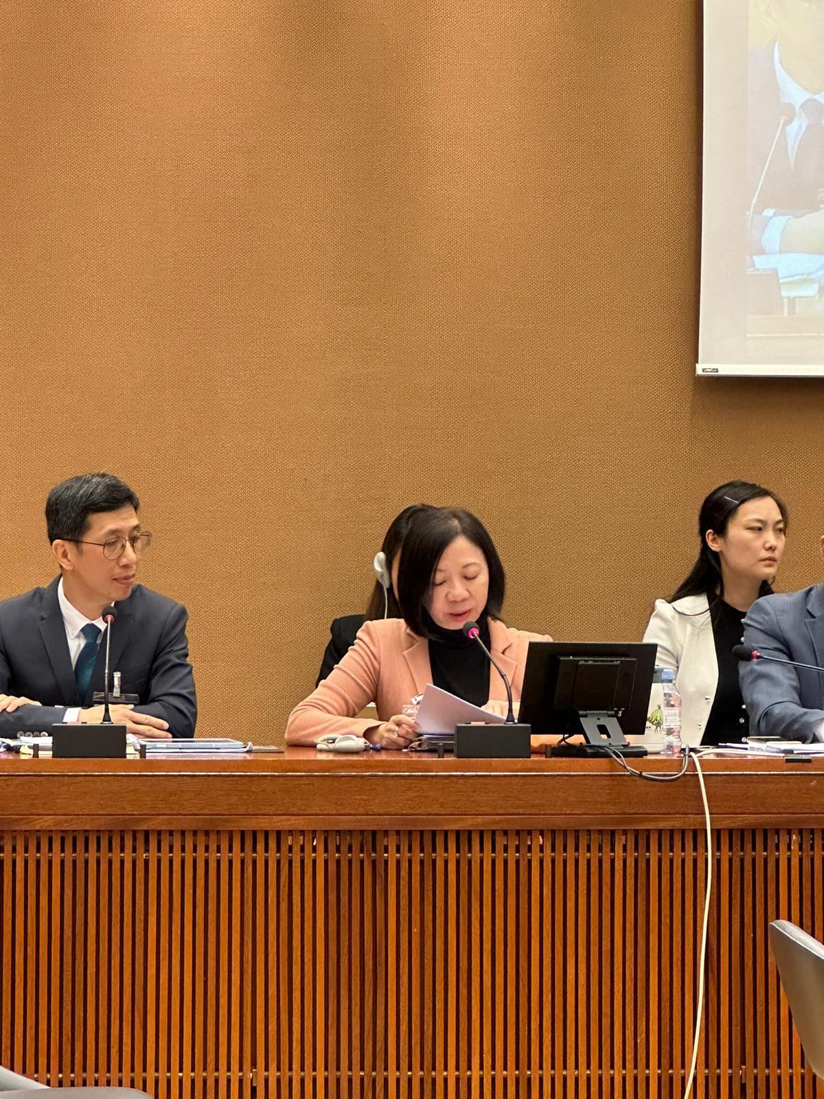The Permanent Secretary for Home and Youth Affairs, Ms Shirley Lam, delivers opening statement at the United Nations Committee on the Elimination of Discrimination against Women meeting in Geneva, Switzerland today (May 12, Geneva time).
