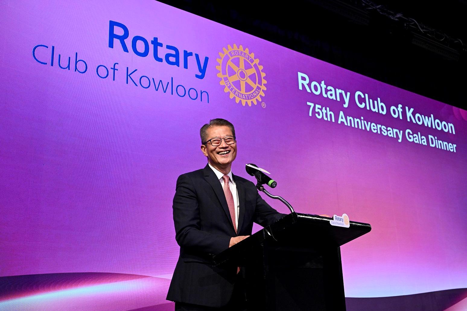 The Financial Secretary, Mr Paul Chan, speaks at the 75th Anniversary Gala Dinner of the Rotary Club of Kowloon today (May 12).