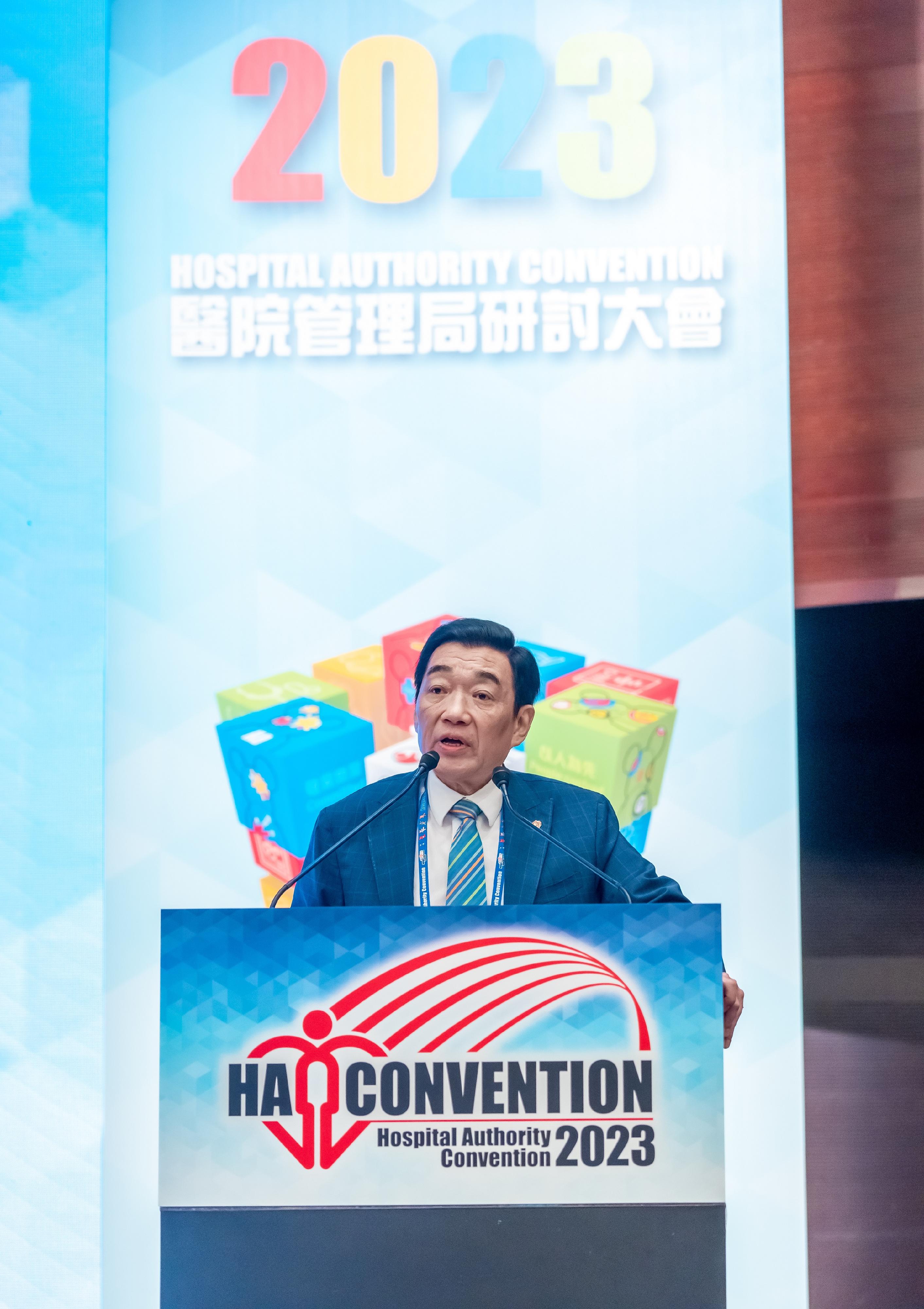 The Hospital Authority (HA) Convention 2023 is being held in both physical and virtual formats today and tomorrow (May 16 and 17). Photo shows the HA Chairman, Mr Henry Fan, delivering a welcome address at the opening ceremony of the Convention.