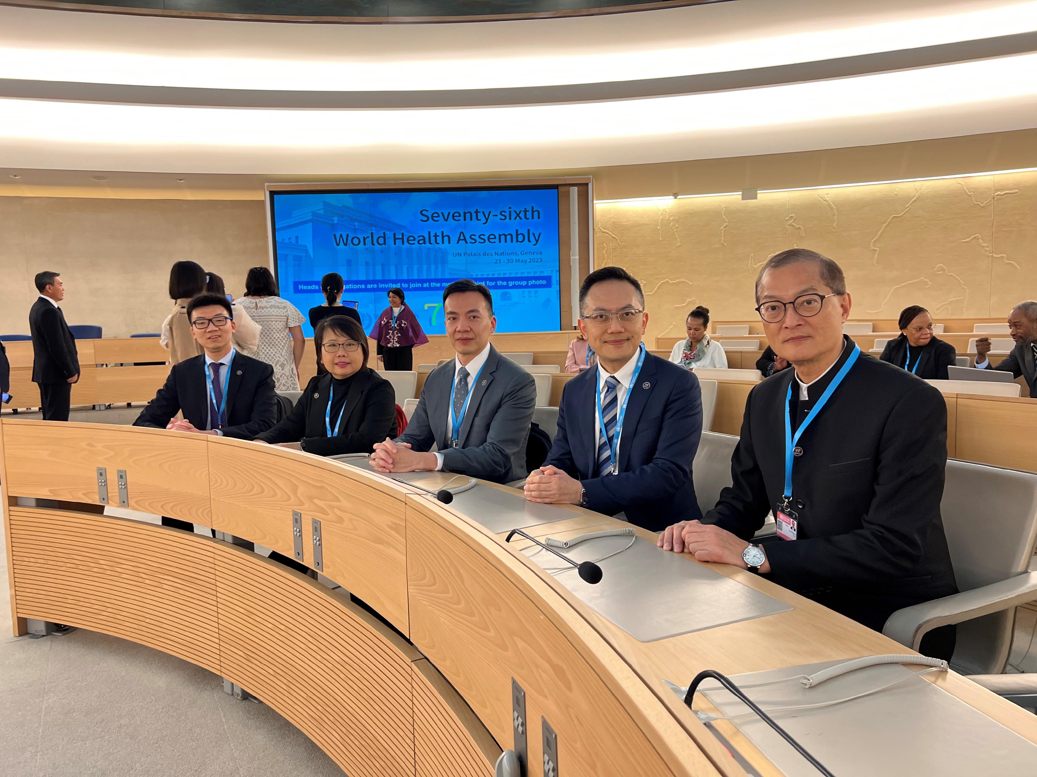The Secretary for Health, Professor Lo Chung-mau (first right) and the Director of Health, Dr Ronald Lam (second right) today (May 21, Geneva time) attend the opening of the 76th World Health Assembly of the World Health Organization in Geneva, Switzerland.