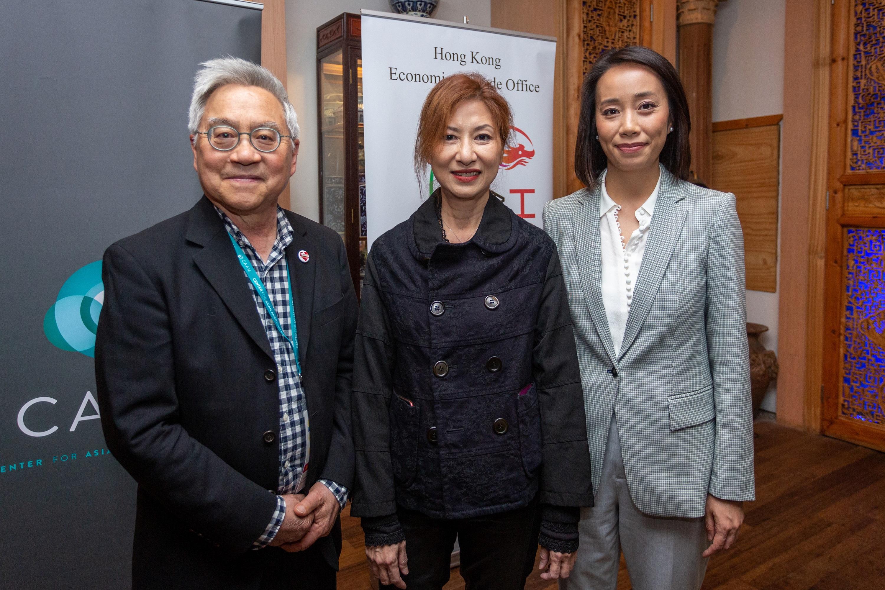 The Hong Kong Economic and Trade Office in San Francisco (HKETO San Francisco) partnered with CAAMFest for a special Hong Kong Cinema Showcase in its 2023 edition from May 11 to 21 (San Francisco time). Photo shows the Director of HKETO San Francisco, Ms Jacko Tsang (right), the director of "Twelve Days", Aubrey Lam (centre), and the Executive Director of the Center for Asian American Media, Mr Stephen Gong (left), at the pre-screening reception of "Twelve Days" on May 19 (San Francisco time).