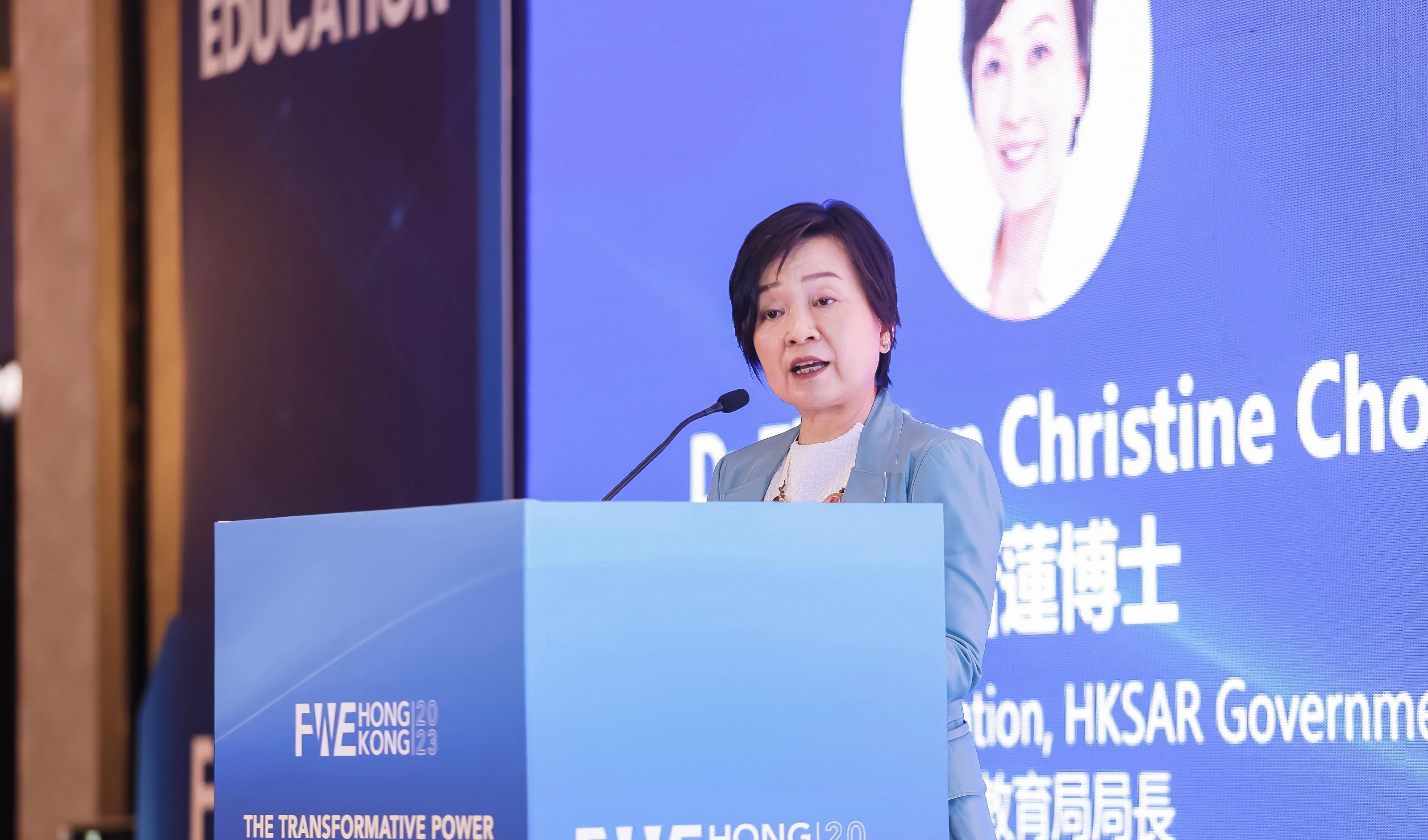 The Secretary for Education, Dr Choi Yuk-lin, delivers a keynote speech at a panel session of the Forum for World Education Hong Kong Regional Conference 2023 today (May 26).