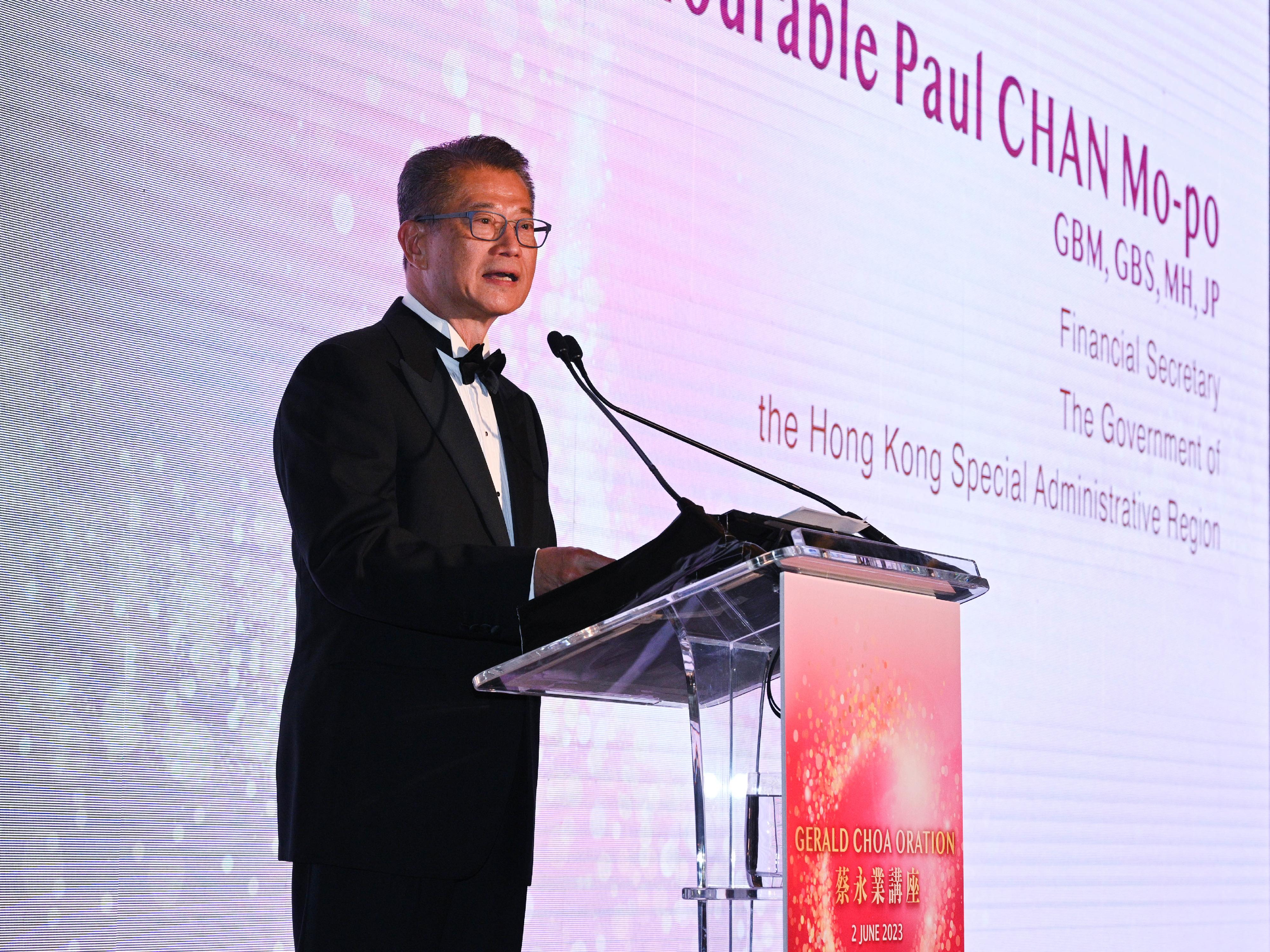 The Financial Secretary, Mr Paul Chan, delivers opening remarks at the Gerald Choa Oration 2023 today (June 2) organised by the Faculty of Medicine of the Chinese University of Hong Kong.