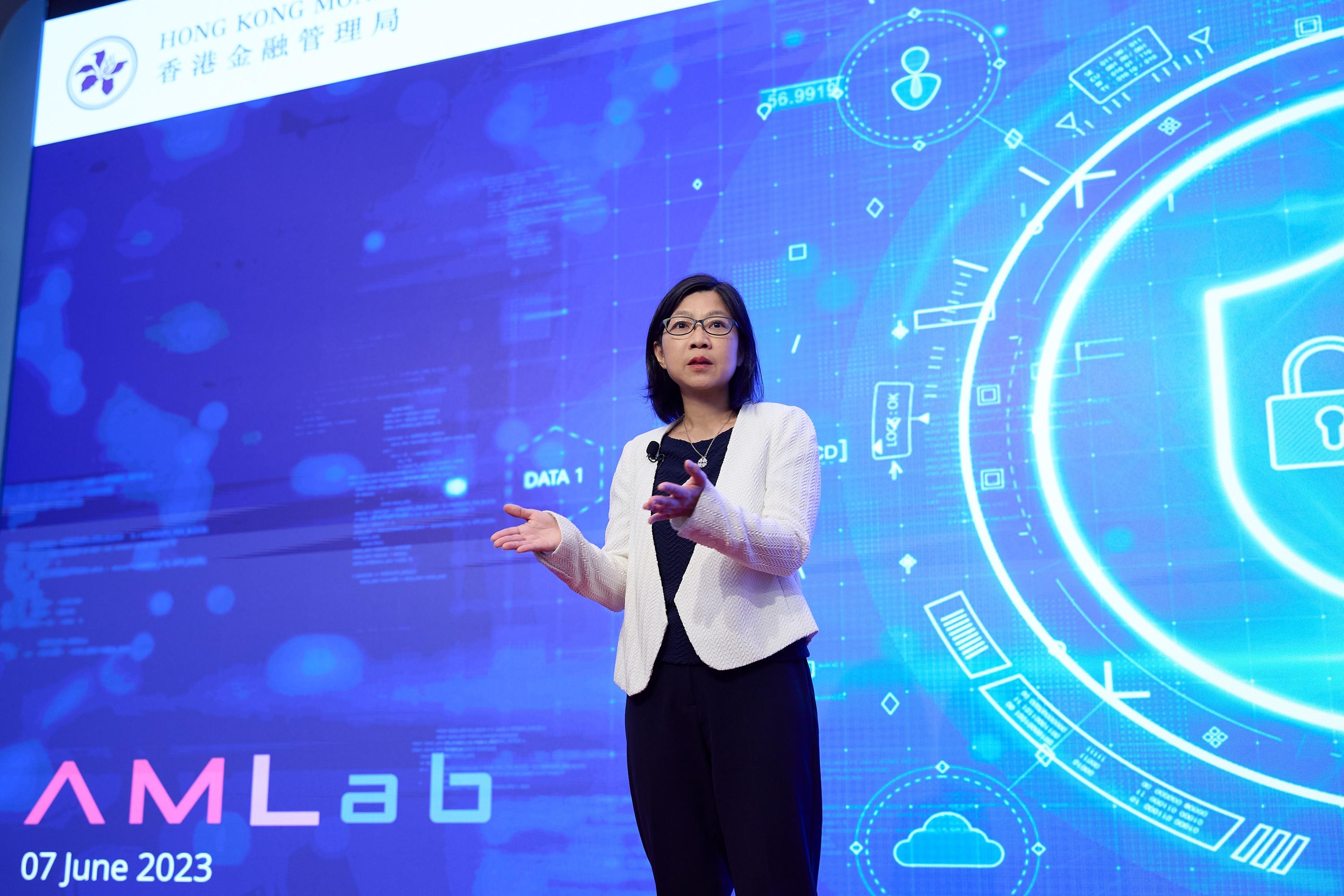 The Hong Kong Monetary Authority (HKMA) and Cyberport co-hosted the fourth Anti-Money Laundering Regtech Lab (AMLab 4) today (June 7), with support from Deloitte. Photo shows the Executive Director (Enforcement and AML) of the HKMA, Ms Carmen Chu, delivering remarks at AMLab 4.
