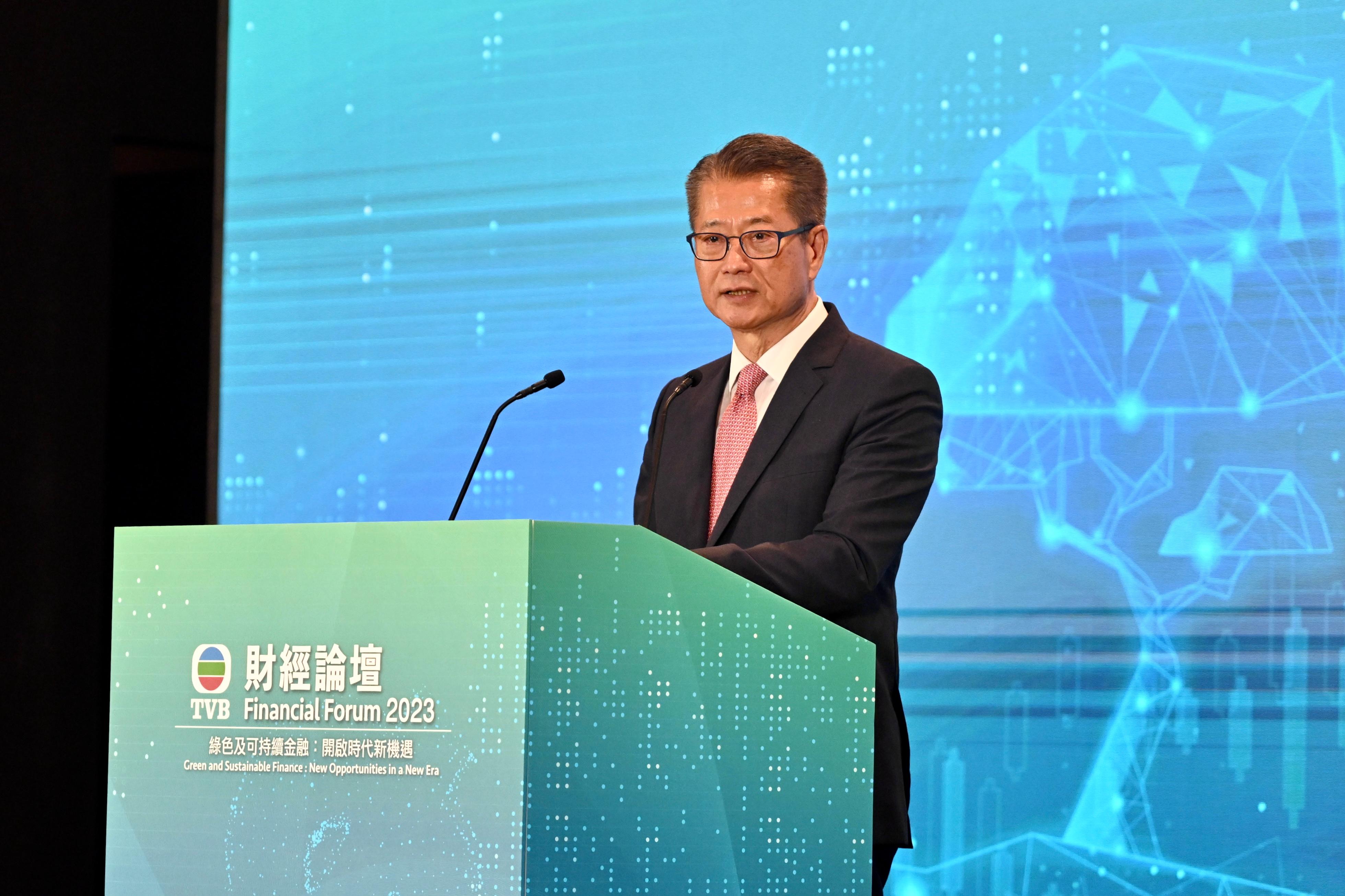 財政司司長陳茂波今日（六月九日）在「TVB財經論壇──綠色及可持續金融：開啟時代新機遇」致辭。
