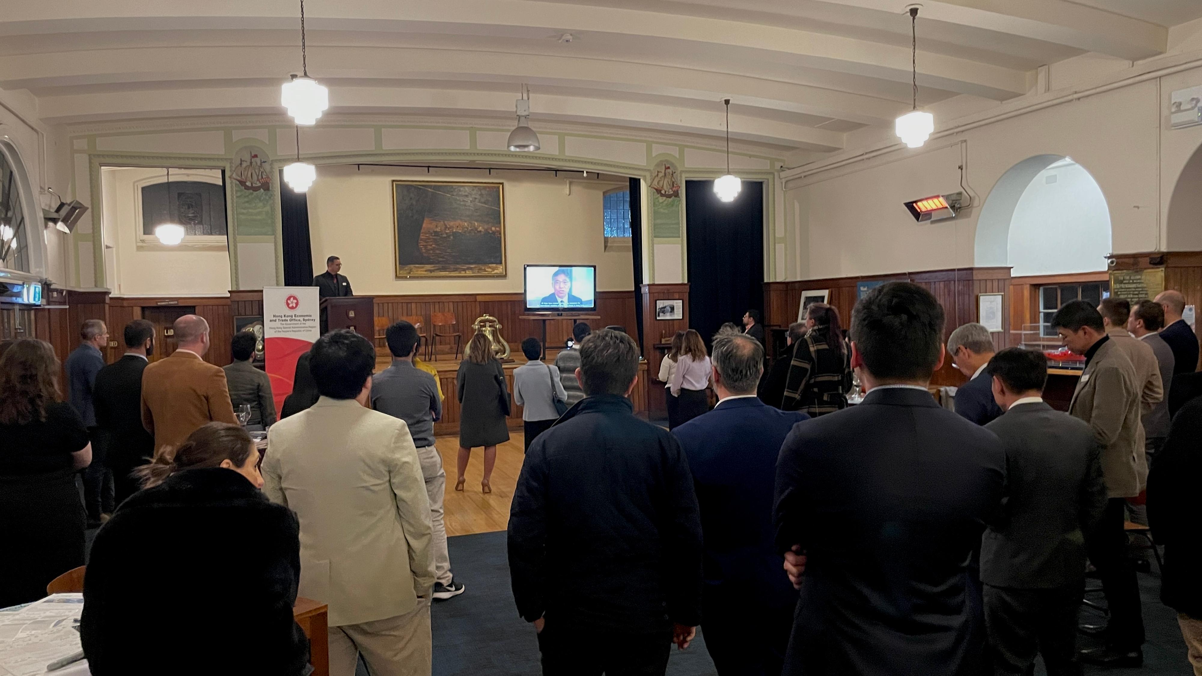 The Hong Kong Economic and Trade Office, Sydney hosted a business seminar in Melbourne, Australia, today (June 15) to promote the latest developments in logistics, maritime and aviation in Hong Kong. Photo shows the Secretary for Transport and Logistics, Mr Lam Sai-hung, delivering a video speech at the seminar.