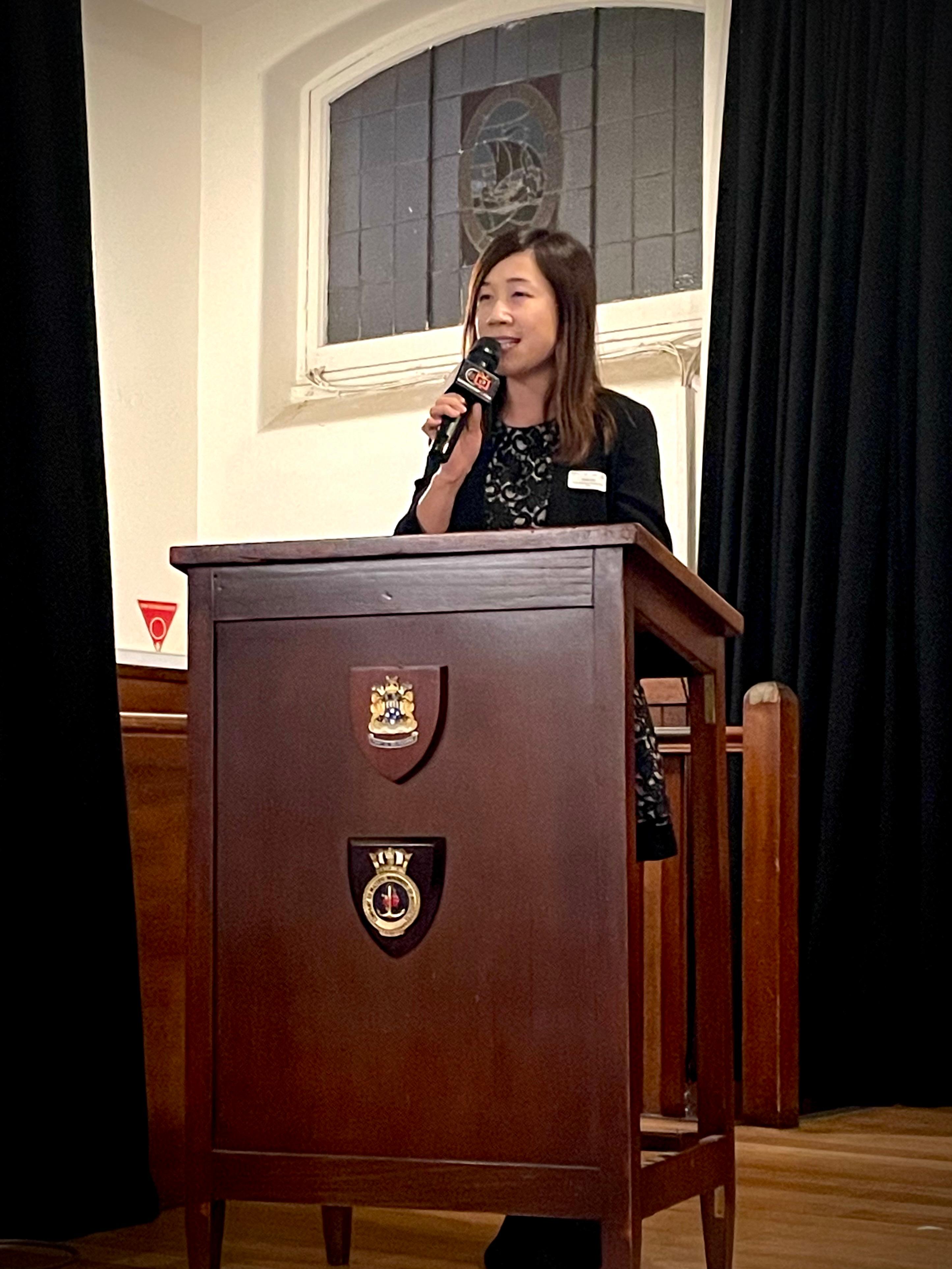 The Director of the Hong Kong Economic and Trade Office, Sydney, Miss Trista Lim, delivers welcoming remarks at a business seminar held in Melbourne, Australia, today (June 15) to promote the Government's initiatives to attract top talents and strategic businesses and encourage participants to take part in the upcoming Asian Logistics, Maritime and Aviation Conference.