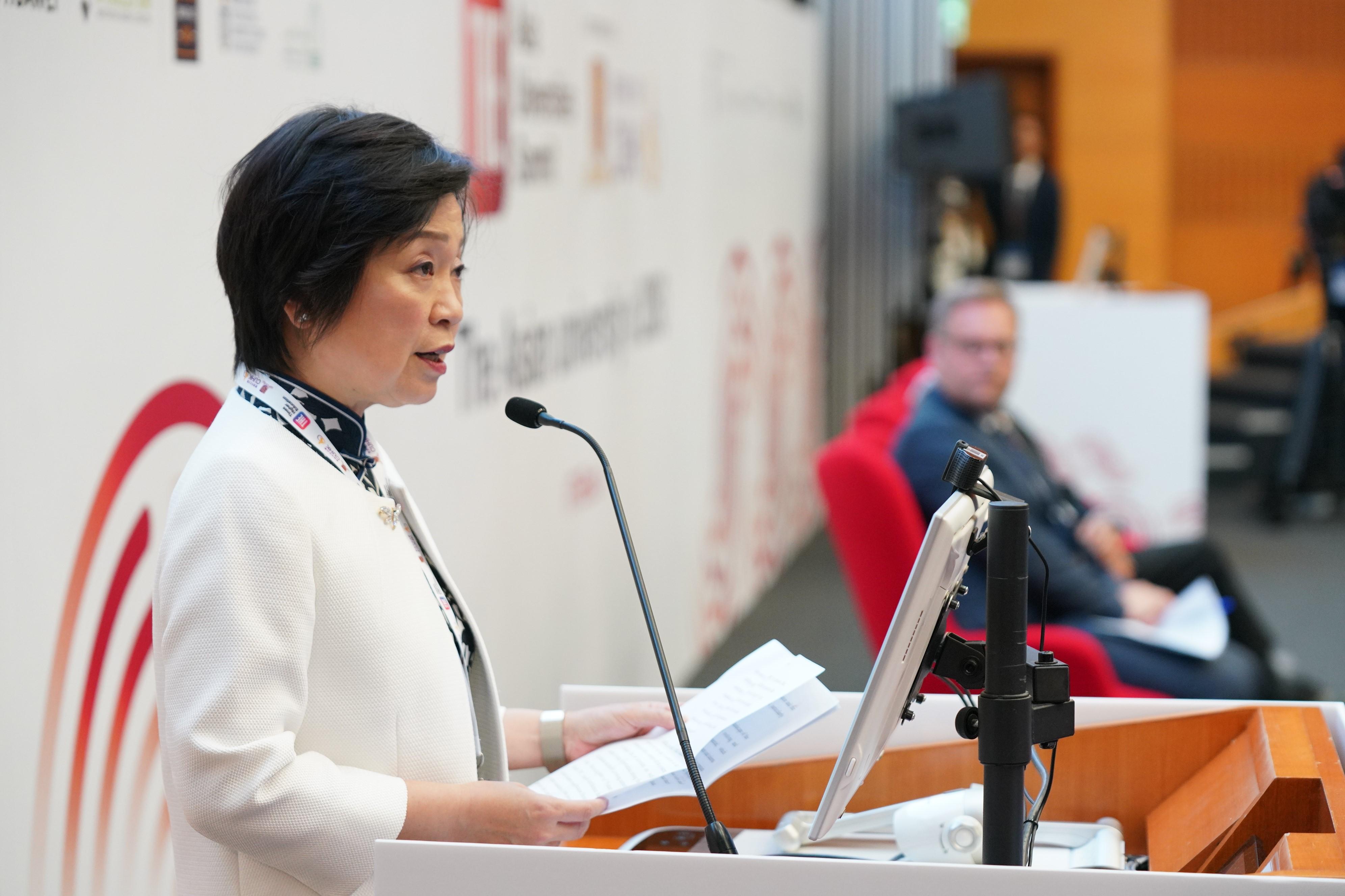 The Secretary for Education, Dr Choi Yuk-lin, speaks at the Times Higher Education Asia Universities Summit Opening Ceremony today (June 21). 