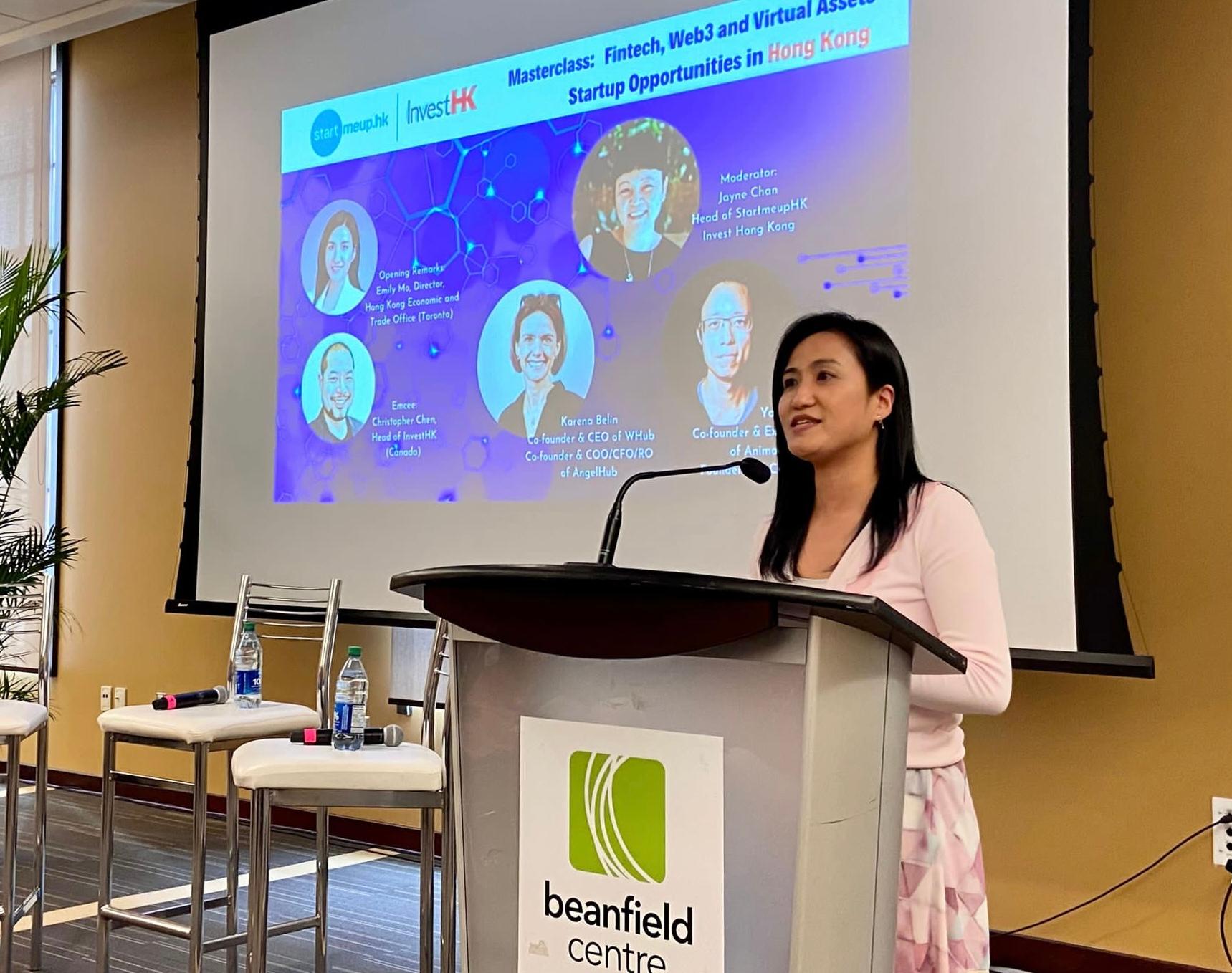 The Director of the Hong Kong Economic and Trade Office (Toronto), Ms Emily Mo, speaks to the participants at the Collision 2023 Masterclass titled "Fintech, Web3, Virtual Assets Start-up Opportunities in Hong Kong" on June 28 (Toronto time).