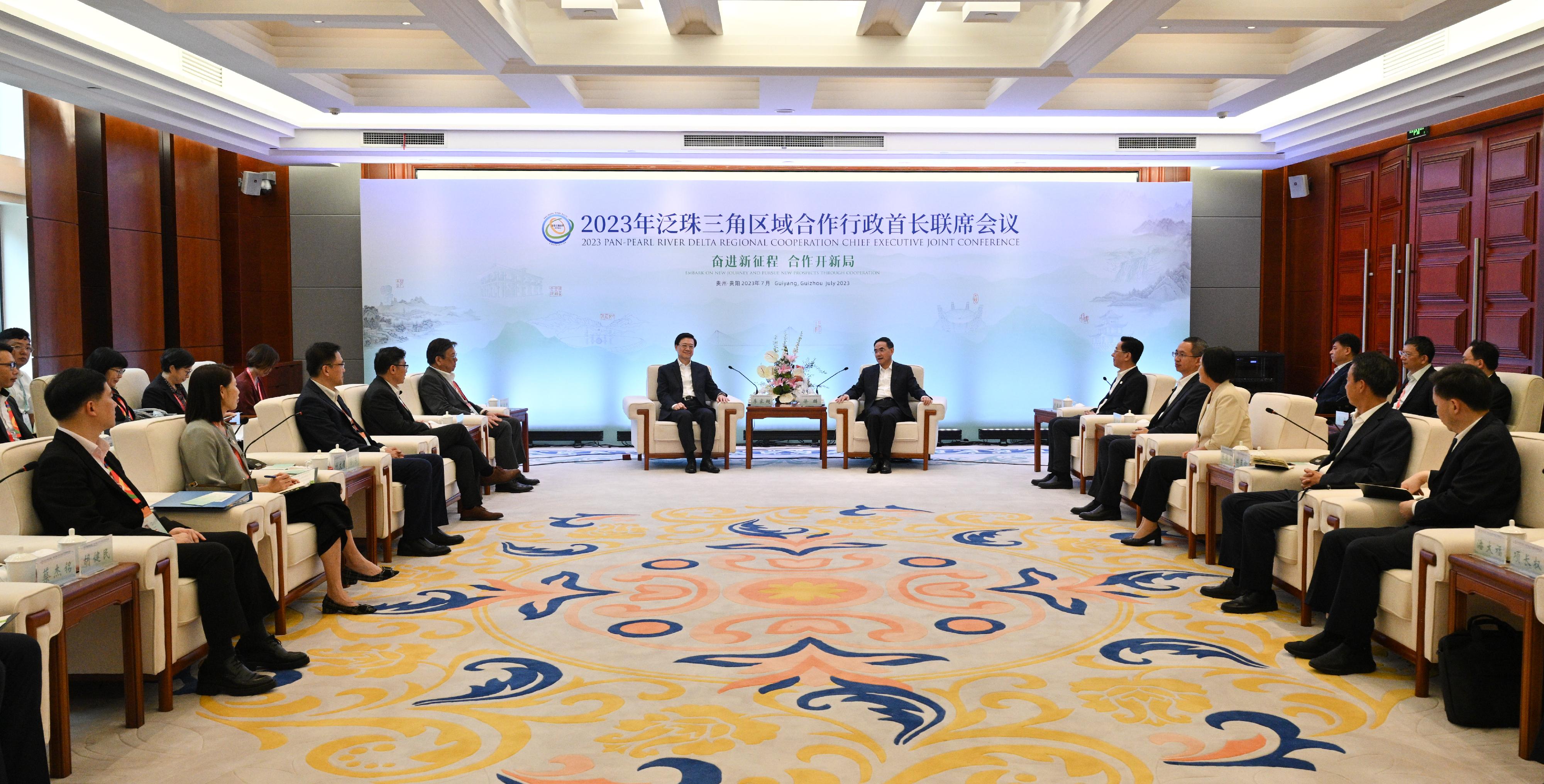 The Chief Executive, Mr John Lee, led a delegation to start his visit programme in Guiyang today (July 6). Photo shows Mr Lee (sixth left) meeting with the Secretary of the CPC Guizhou Provincial Committee and Director of the Standing Committee of the Guizhou Provincial People's Congress, Mr Xu Lin (sixth right), in Guiyang.