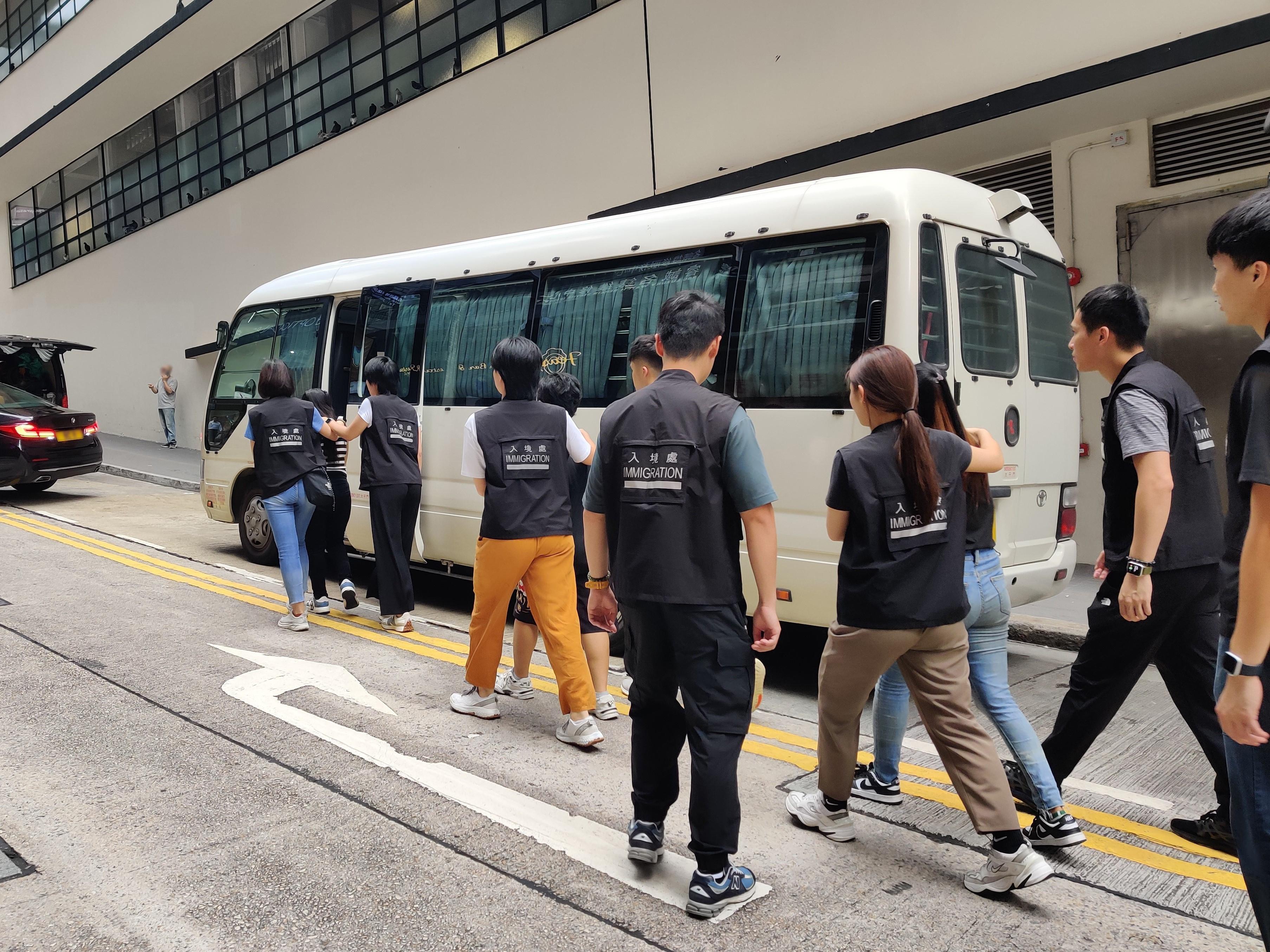 The Immigration Department mounted a series of territory-wide anti-illegal worker operations codenamed "Lightshadow" and "Twilight", and joint operation with the Hong Kong Police Force codenamed "Windsand", for four consecutive days from July 3 to yesterday (July 6). Photo shows suspected illegal workers arrested during an operation.