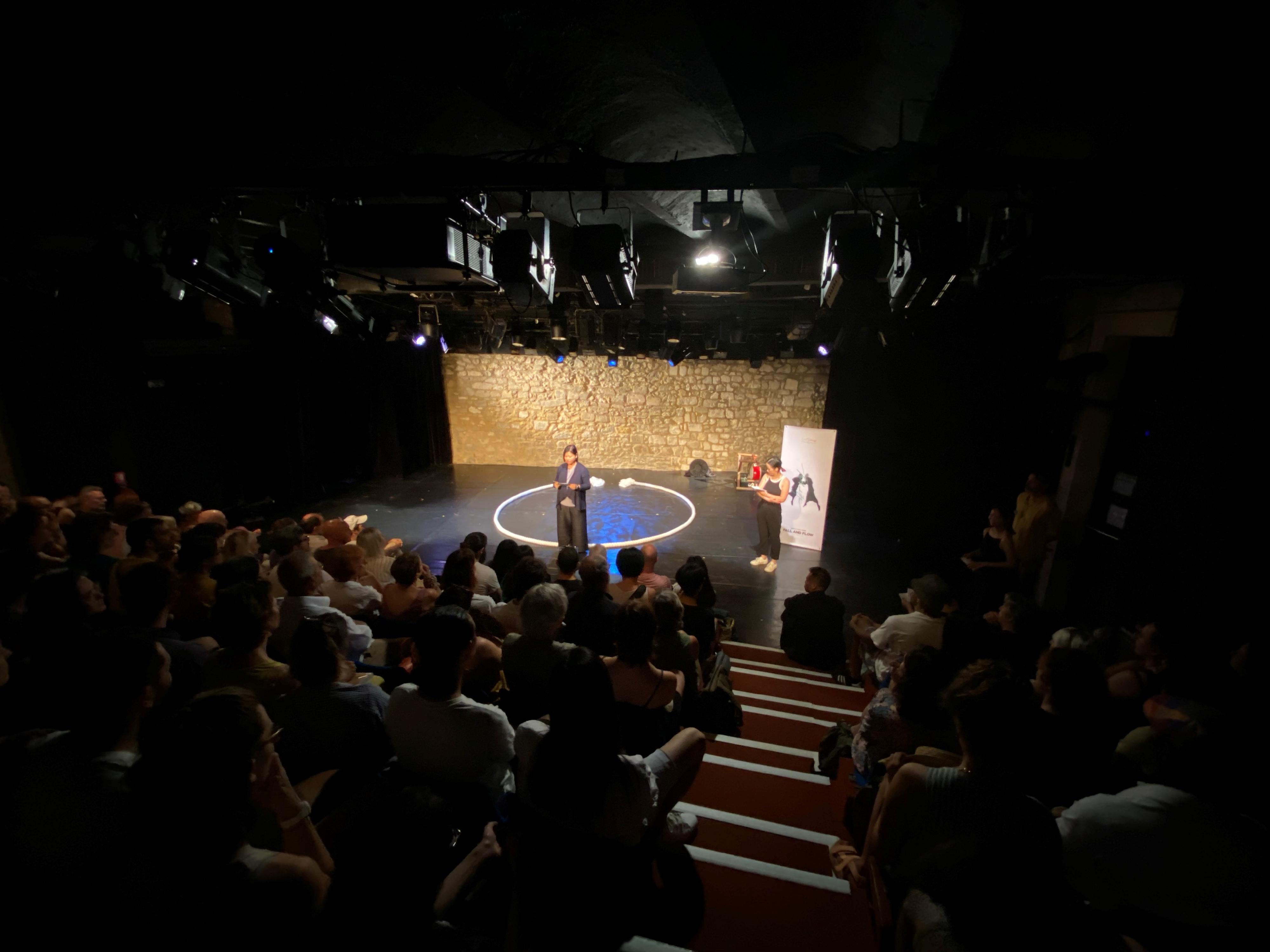The Hong Kong Economic and Trade Office in Brussels supports a Hong Kong theatre group, Théâtre de la Feuille, to give 18 performances of its work, "Fall and Flow", at the Festival Off Avignon. Photo shows Special Representative for Hong Kong Economic and Trade Affairs to the European Union, Miss Shirley Yung, addressing the audience of Théâtre de la Feuille's performance on July 9 (Avignon time) at the Festival Off Avignon.
