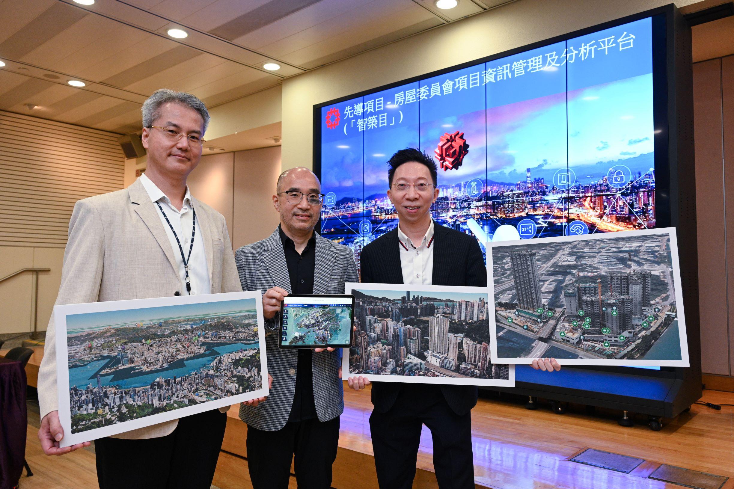The Hong Kong Housing Authority has developed the Project Information Management and Analytics Platform (HA-PIMAP). Photo shows the Deputy Director of Housing (Development and Construction), Mr Stephen Leung (centre); the Acting Assistant Director of Housing (Development and Procurement), Mr Rayson Wong (left); and the Senior Structural Engineer (Innovation and Technology/Development and Construction), Mr Romeo Yiu (right), at the media briefing.


