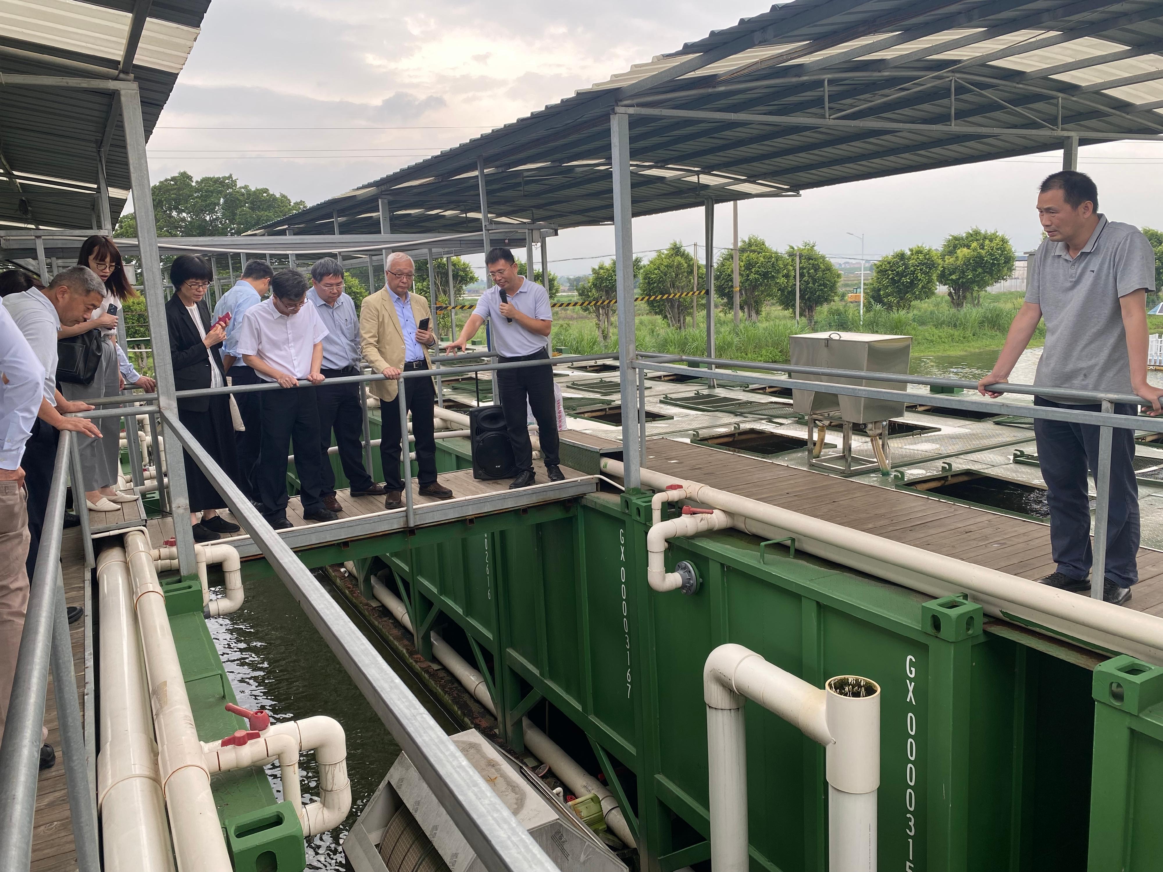 The Secretary for Environment and Ecology, Mr Tse Chin-wan, began his visit in Guangzhou and Zhaoqing today (July 18) and visited the aquaculture farm of Guanxing (Zhaoqing) Agricultural Technology Co. Ltd in the afternoon. Photo shows Mr Tse (third right); the Permanent Secretary for Environment and Ecology (Food), Miss Vivian Lau (third left); and the Director of Agriculture, Fisheries and Conservation, Dr Leung Siu-fai (fourth right), receiving a briefing from a representative of the farm on the latest developments in aquaponic container farming.