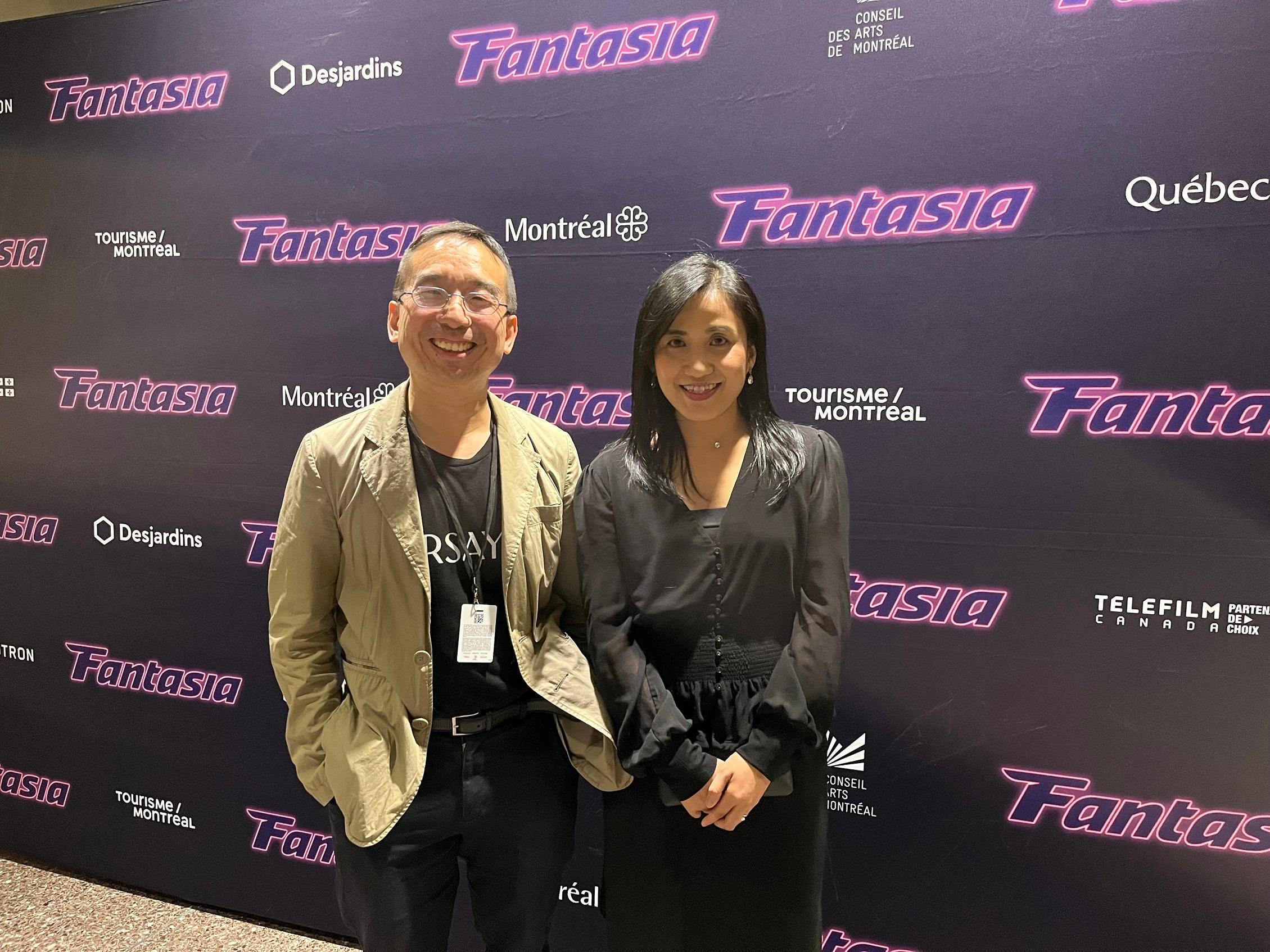 The Hong Kong Economic and Trade Office (Toronto) (Toronto ETO) supported the screening of six Hong Kong films at the 2023 Fantasia International Film Festival (FIFF) held from July 20 to August 9 in Montreal, Canada. Photo shows the Director of the Toronto ETO, Ms Emily Mo (right), and Co-director of Asian Programming of the FIFF Mr King-wei Chu at Concordia Hall Theatre on July 20 (Montreal time). 