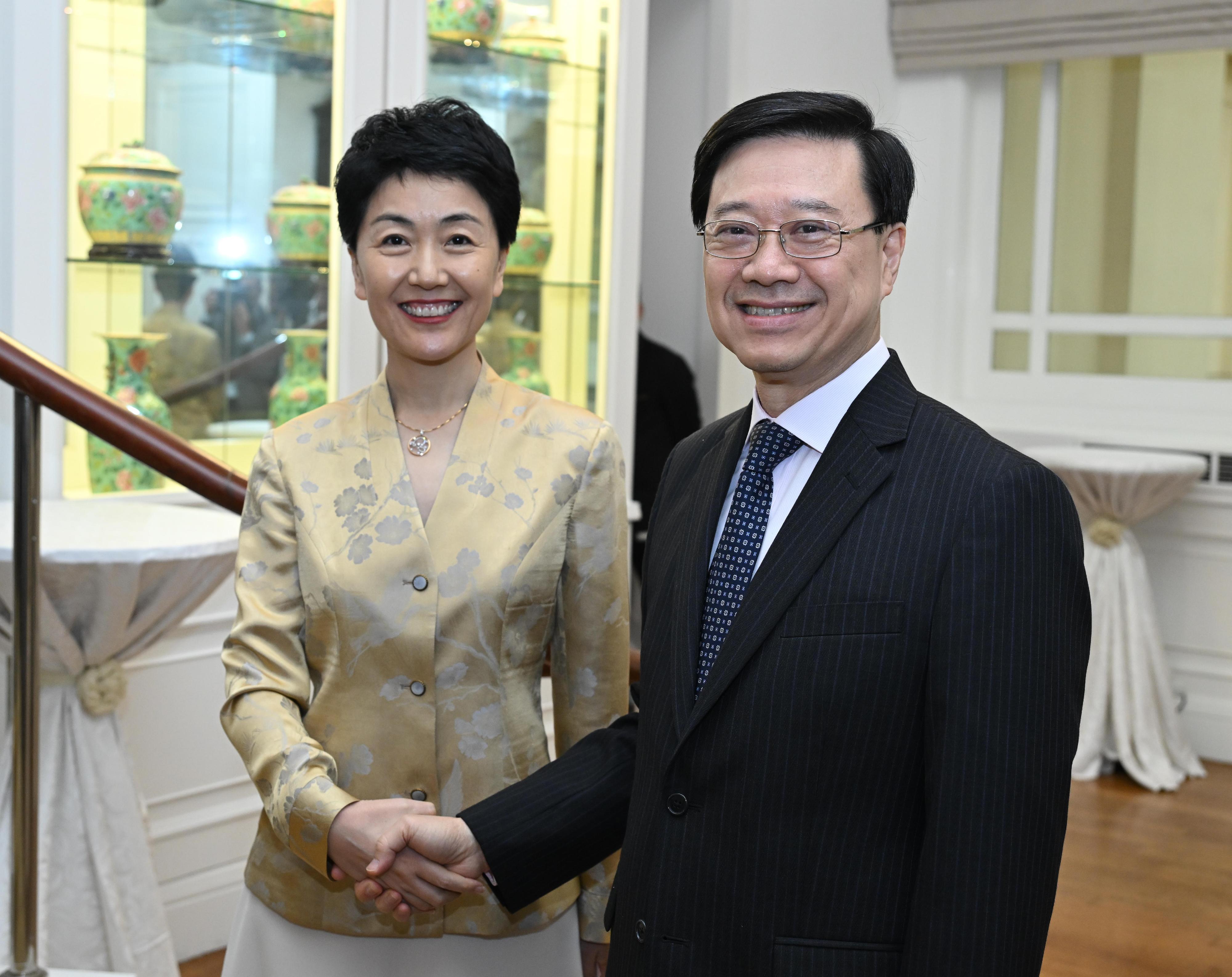 The Chief Executive, Mr John Lee, led a Hong Kong Special Administrative Region delegation to arrive at Singapore this afternoon (July 23) and begin the visit programme in three countries of the Association of Southeast Asian Nations. Photo shows Mr Lee (right) meeting with the Ambassador Extraordinary and Plenipotentiary of the People's Republic of China to the Republic of Singapore, Ms Sun Haiyan (left).