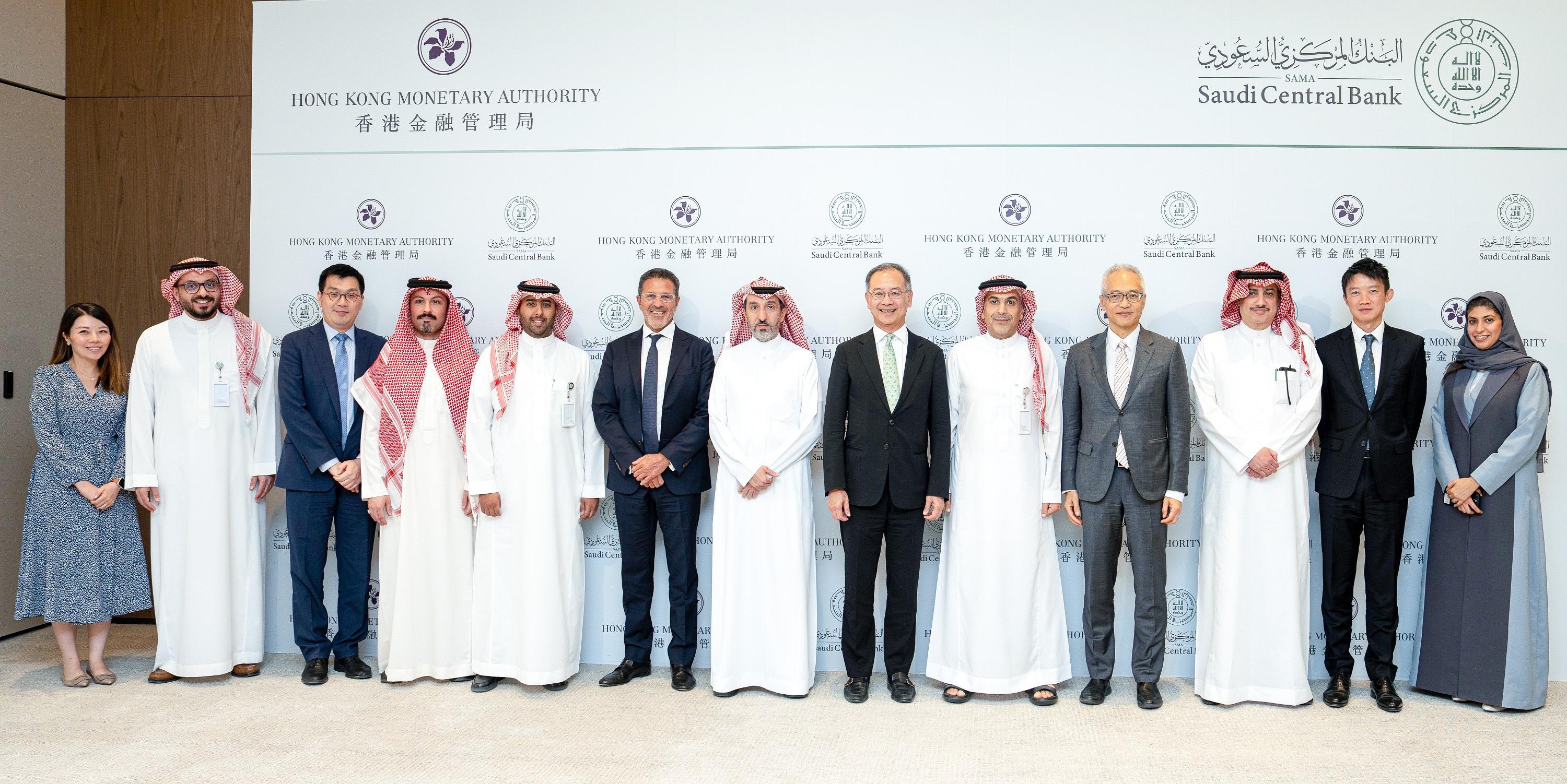 The Chief Executive of the Hong Kong Monetary Authority (HKMA), Mr Eddie Yue (sixth right) and the Governor of the Saudi Central Bank (SAMA), Mr Ayman Alsayari (fifth right) conducted a bilateral meeting on July 26 (Riyadh time) with senior managements from the HKMA and the SAMA to enhance collaboration between the financial services sector in the two jurisdictions.