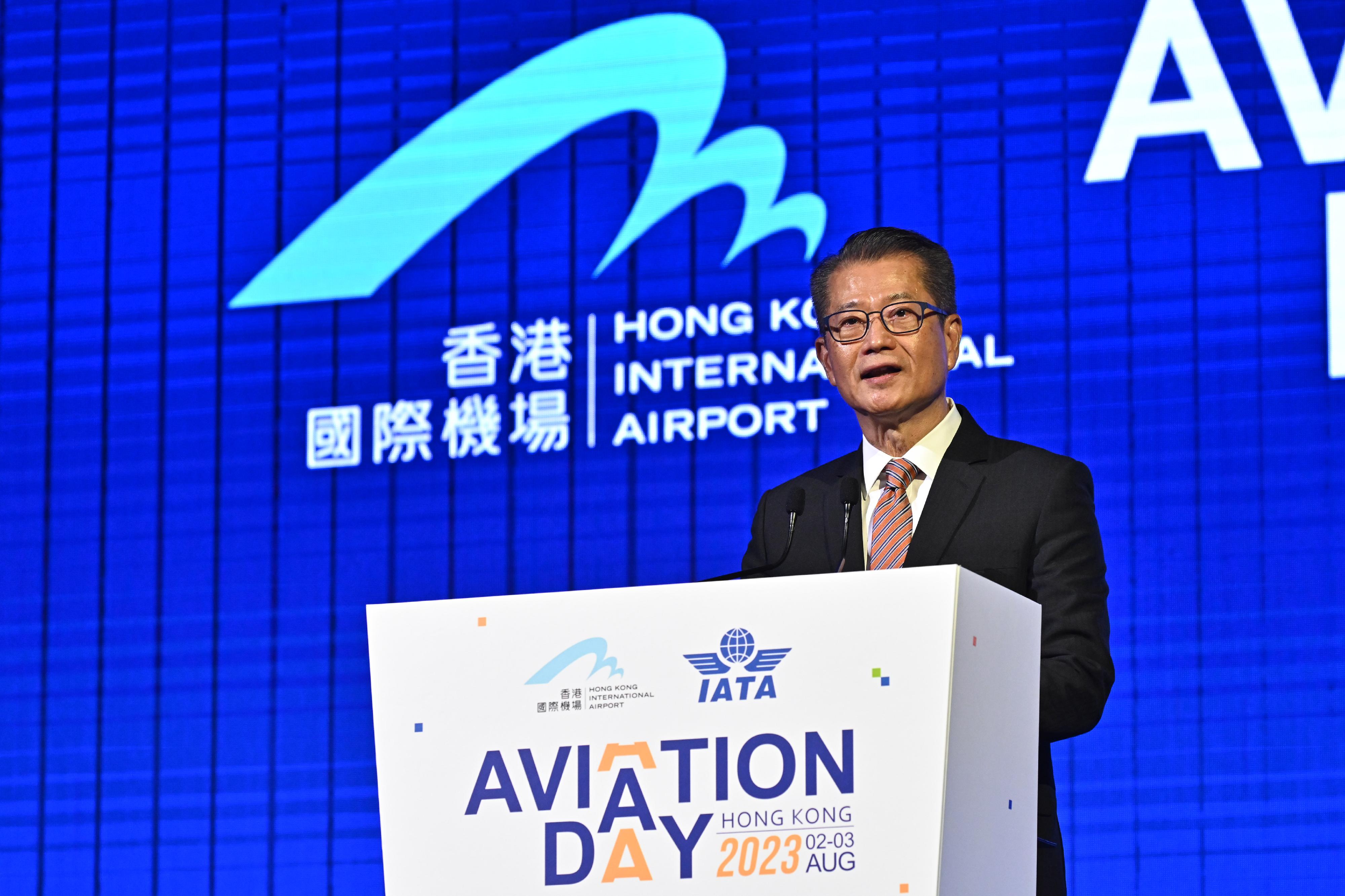 The Financial Secretary, Mr Paul Chan, speaks at the Aviation Day 2023 co-organised by Hong Kong International Airport and the International Air Transport Association today (August 2). 