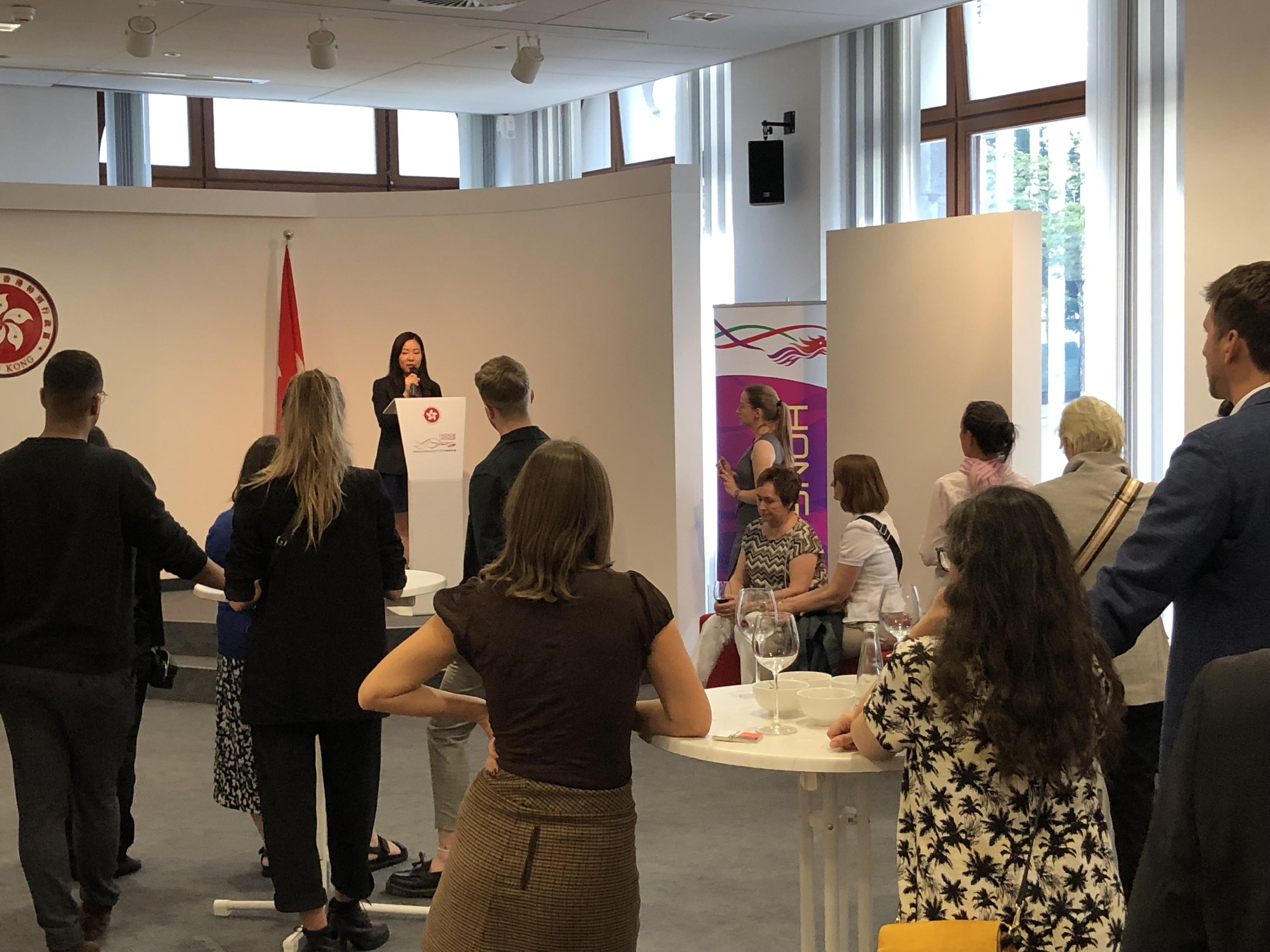 The Hong Kong Economic and Trade Office, Berlin (HKETO Berlin) sponsored the performance of the Asian Youth Orchestra in Berlin as the opening concert of the Young Euro Classic 2023 on August 4 (Berlin time), and hosted a reception to connect with friends, partners and music enthusiasts. Photo shows the Deputy Director of HKETO Berlin, Miss Bonnie Ka, speaking at the reception.