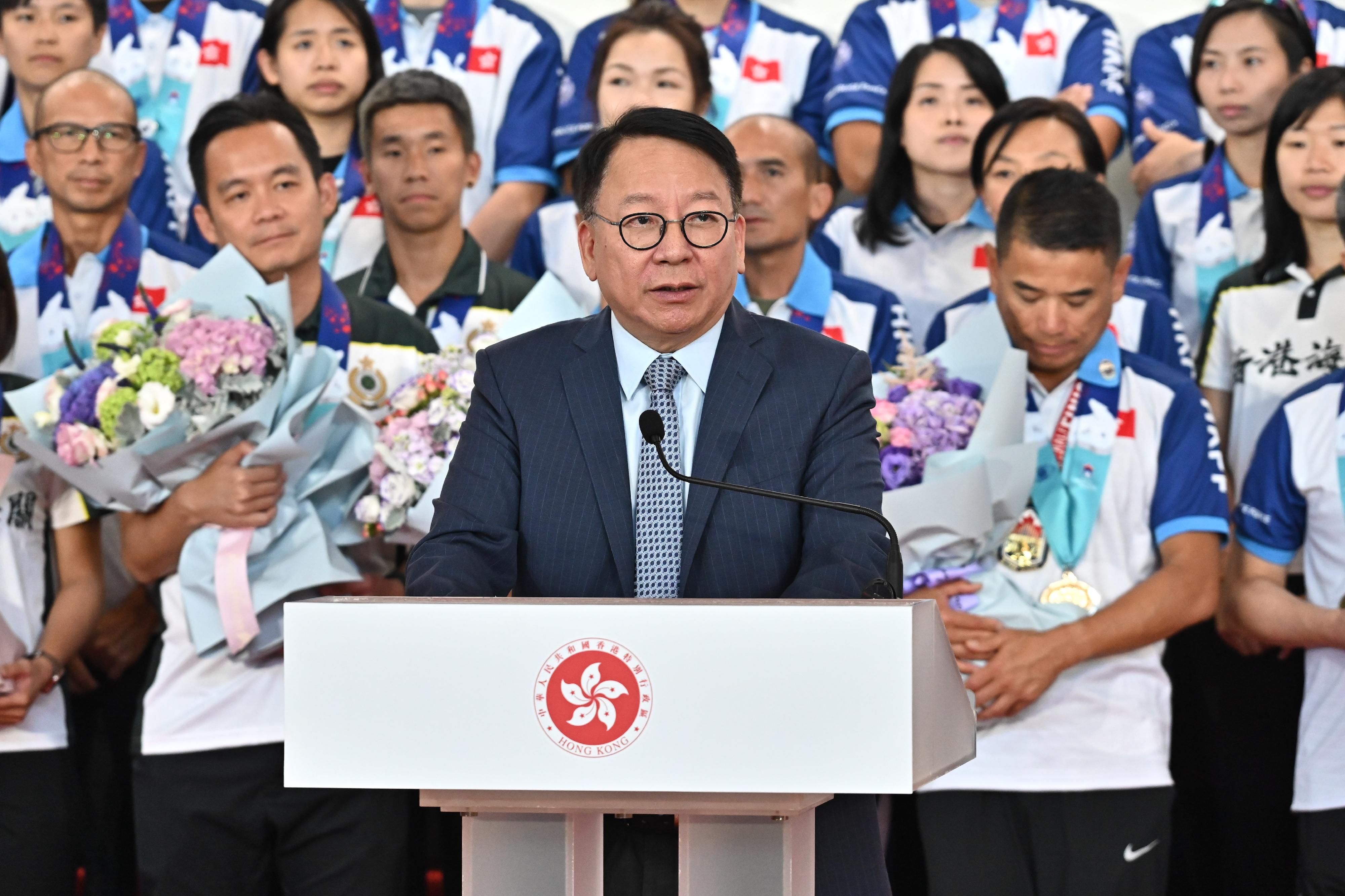 政務司司長陳國基今日（八月八日）在香港紀律部隊赴世界警察及消防運動會返港儀式致辭。
