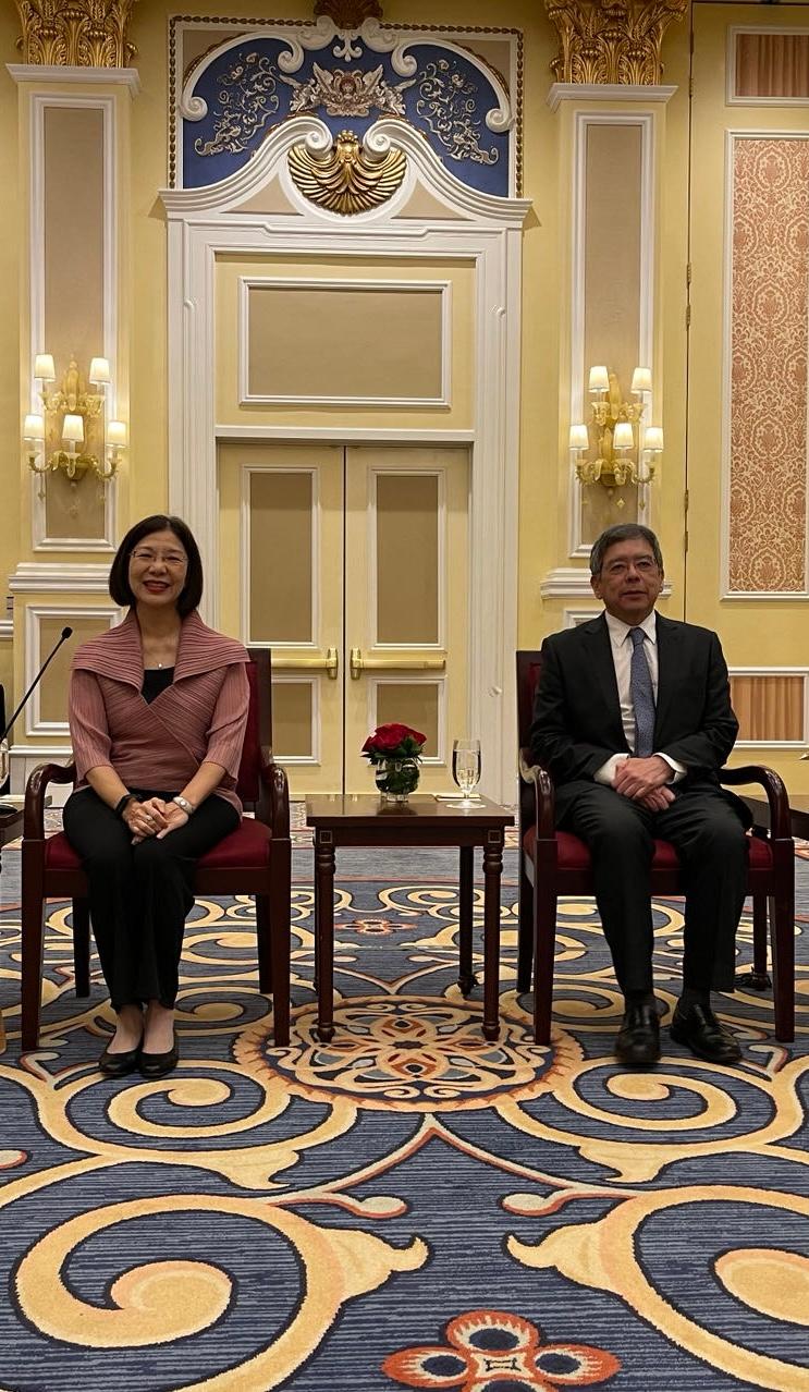 The Permanent Secretary for Environment and Ecology (Environment), Miss Janice Tse, today (August 17) led a delegation to attend the 2023 Macao International Environmental Co-operation Forum & Exhibition in Macao. Photo shows Miss Tse (left) paying a courtesy call on the Secretary for Transport and Public Works of the Macao Special Administrative Region, Mr Raimundo Arrais do Rosário (right), to exchange views on various environmental subjects and collaboration opportunities.