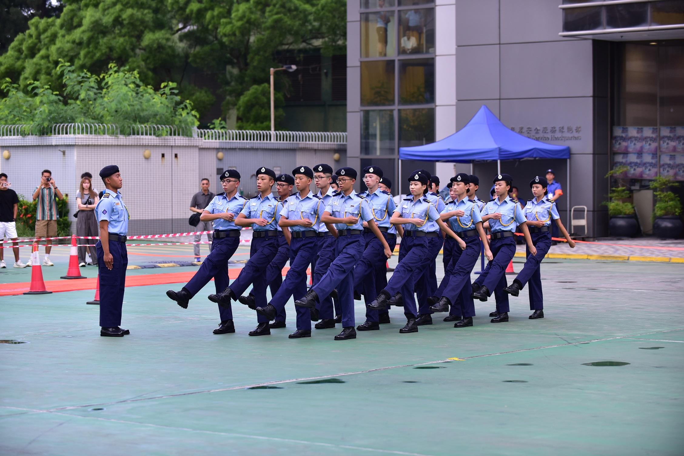 The Civil Aid Service Cadet Corps Foot Drill Competition 2023 was held today (August 27). Photo shows a participating team performing a foot drill with synchronised movements.