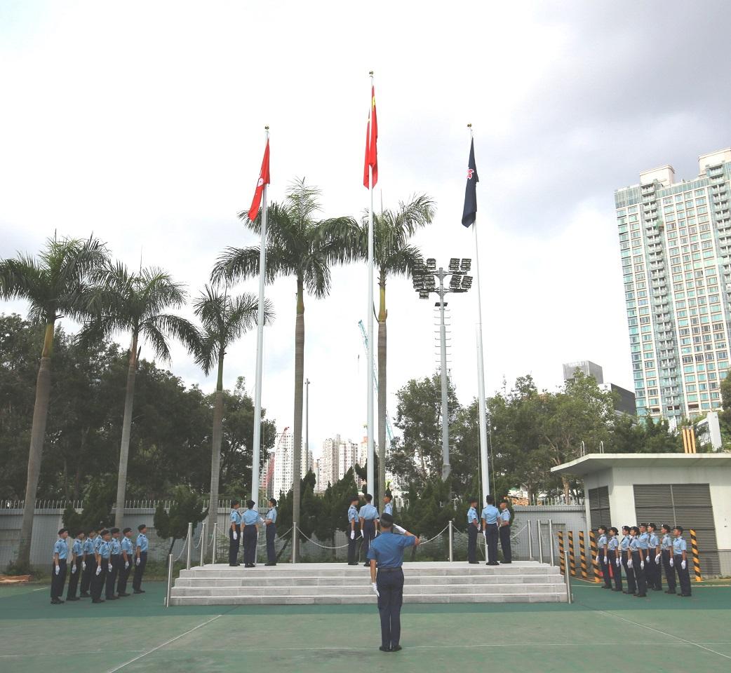 The Civil Aid Service Cadet Corps Foot Drill Competition 2023 was held today (August 27). Photo shows the Cadet Corps Guard of Honour performing a flag-raising ceremony.